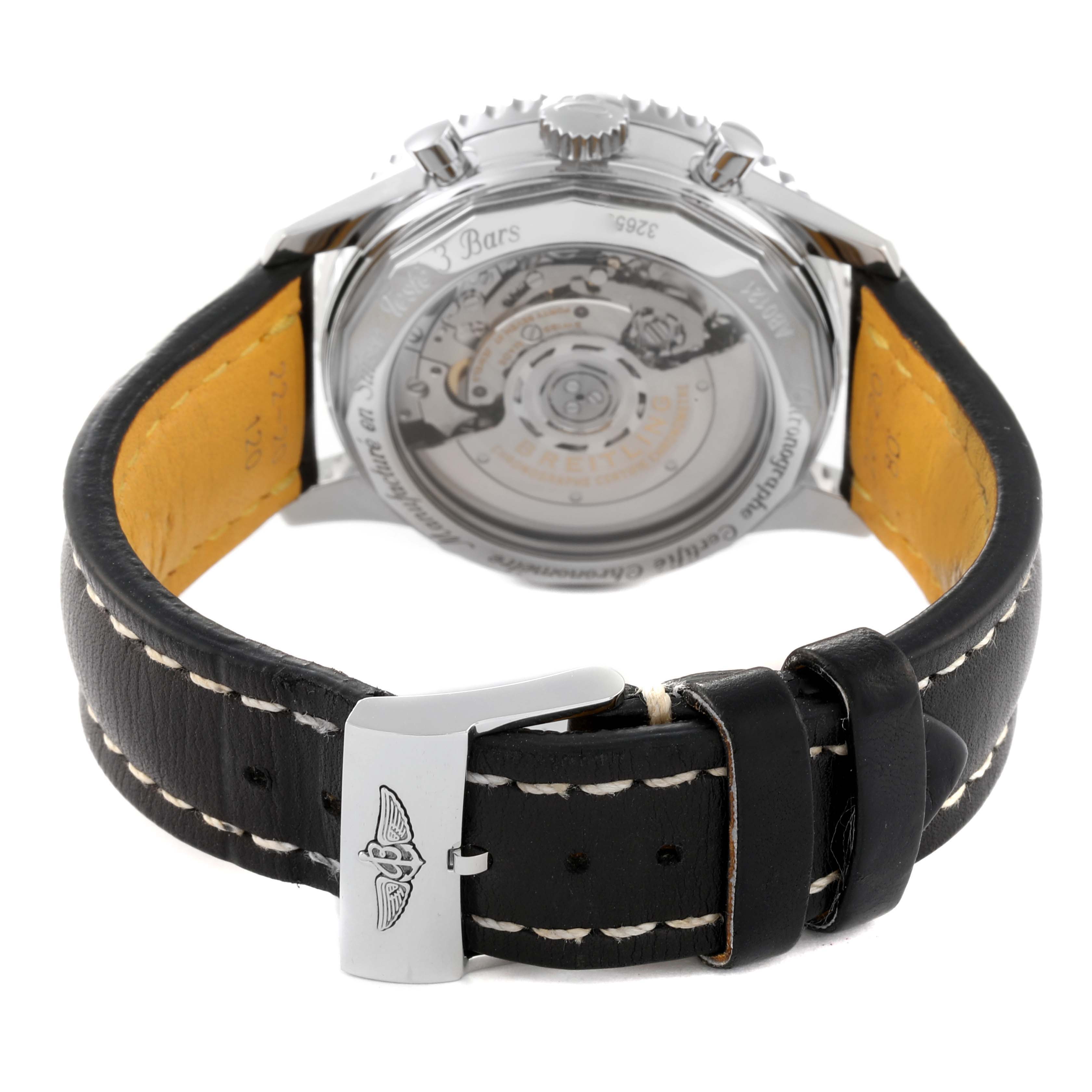 The image shows the back view of the Breitling Navitimer AB0121 Men's Stainless Steel Black Dial AB0121 Men's Stainless Steel Black Dial watch, highlighting its transparent case back and leather strap with buckle.