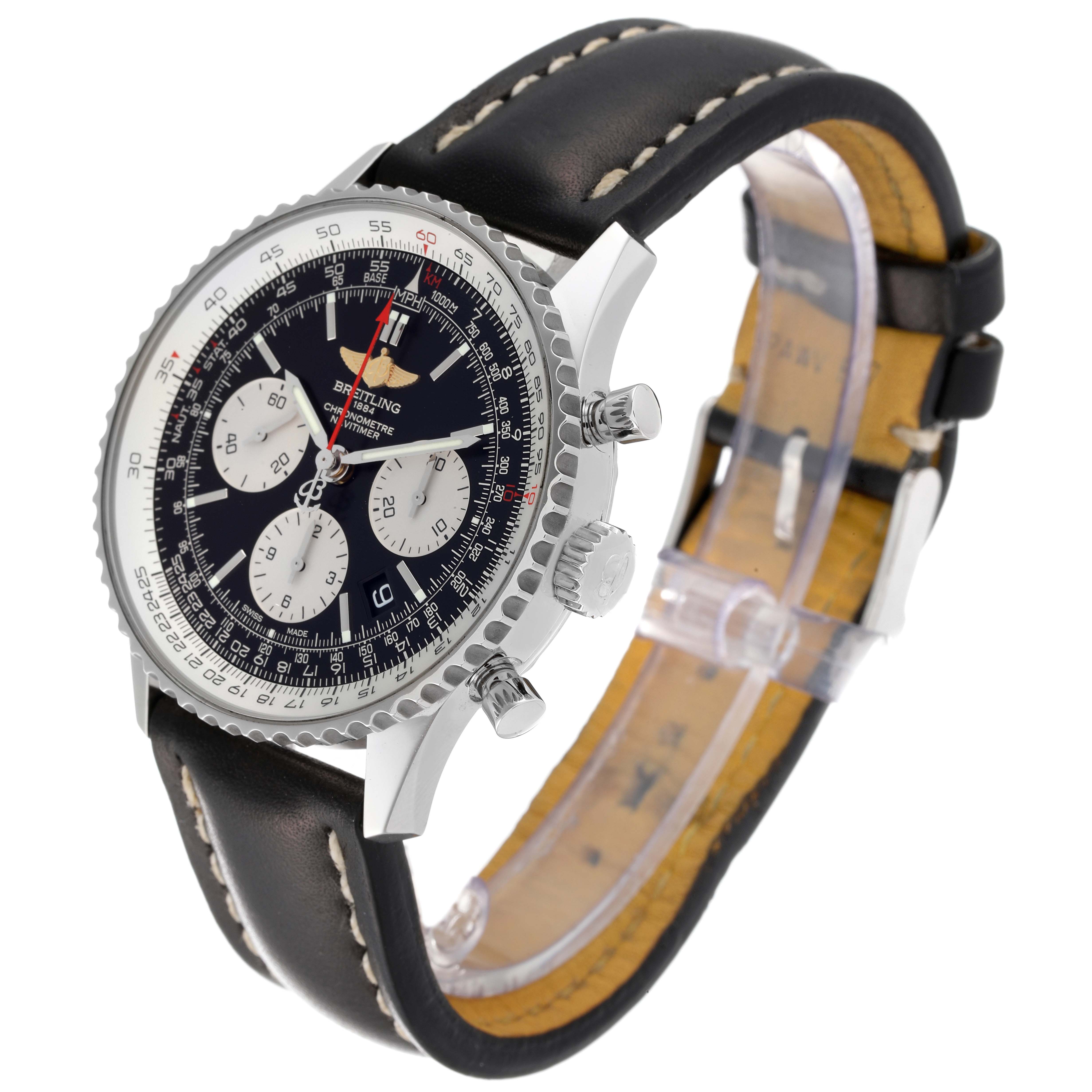 This image shows the Breitling Navitimer AB0121 Men's Stainless Steel Black Dial AB0121 Men's Stainless Steel Black Dial watch at a three-quarter angle, highlighting the face, bezel, side buttons, and leather strap.