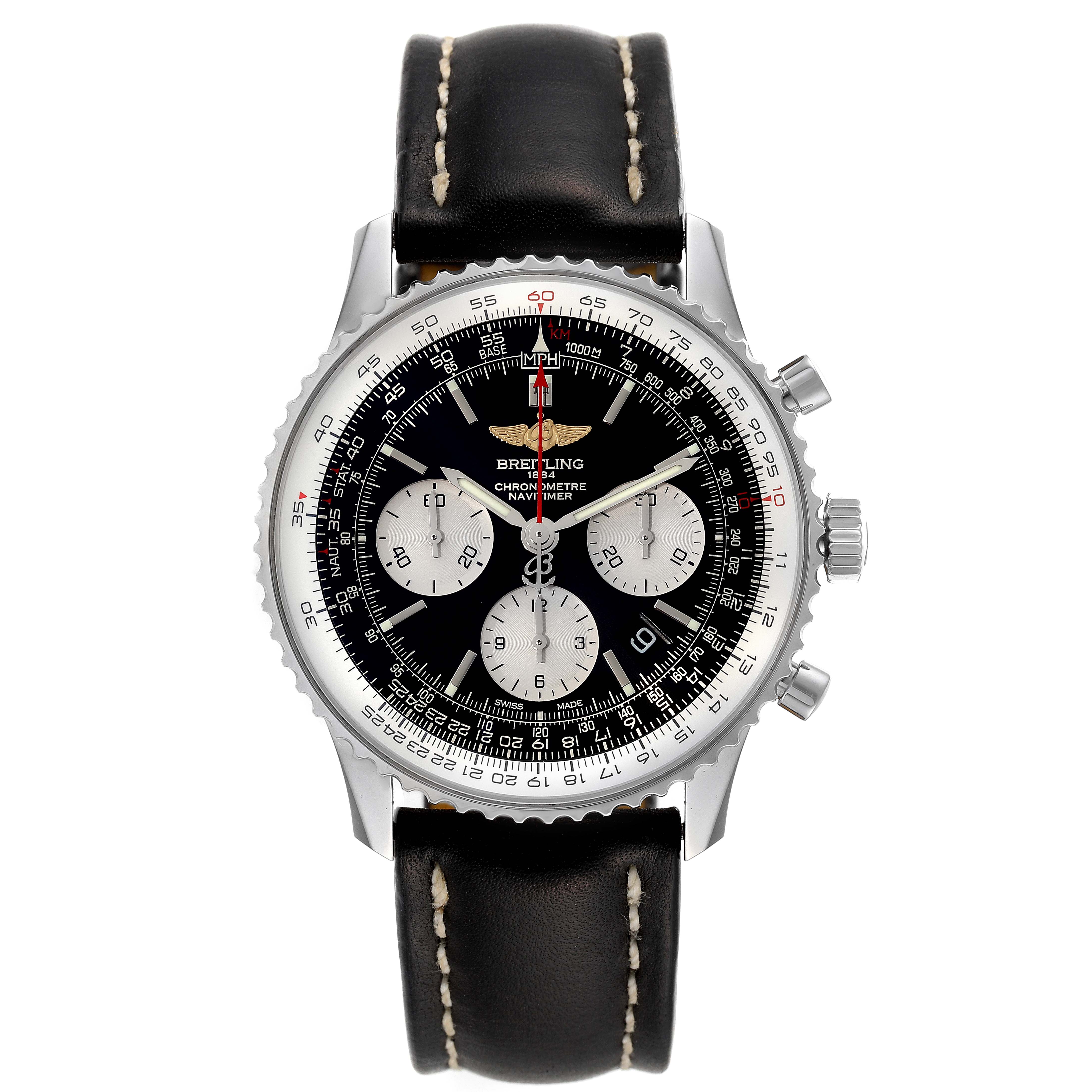 This Breitling Navitimer AB0121 Men's Stainless Steel Black Dial AB0121 Men's Stainless Steel Black Dial watch is shown from a top-down angle, featuring its black dial, three subdials, and a black leather strap.