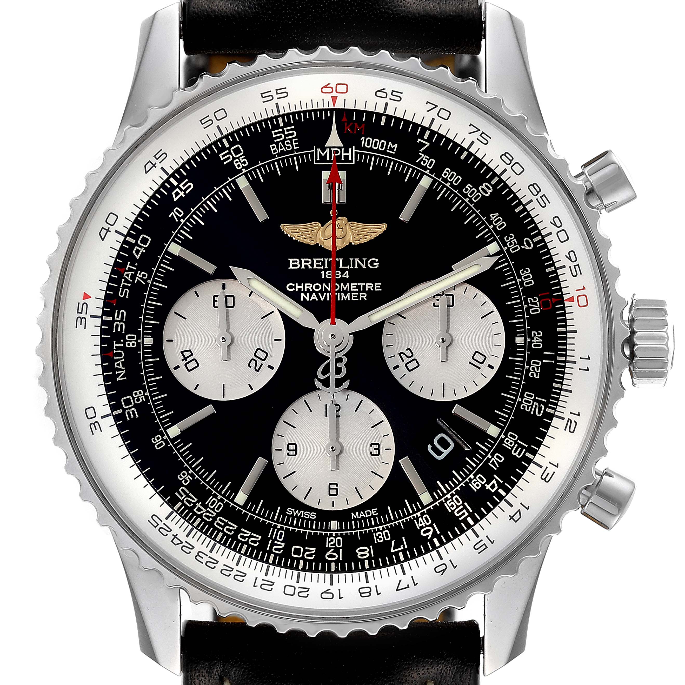This image shows a frontal view of a Breitling Navitimer AB0121 Men's Stainless Steel Black Dial AB0121 Men's Stainless Steel Black Dial watch, highlighting the dial, subdials, and bezel.