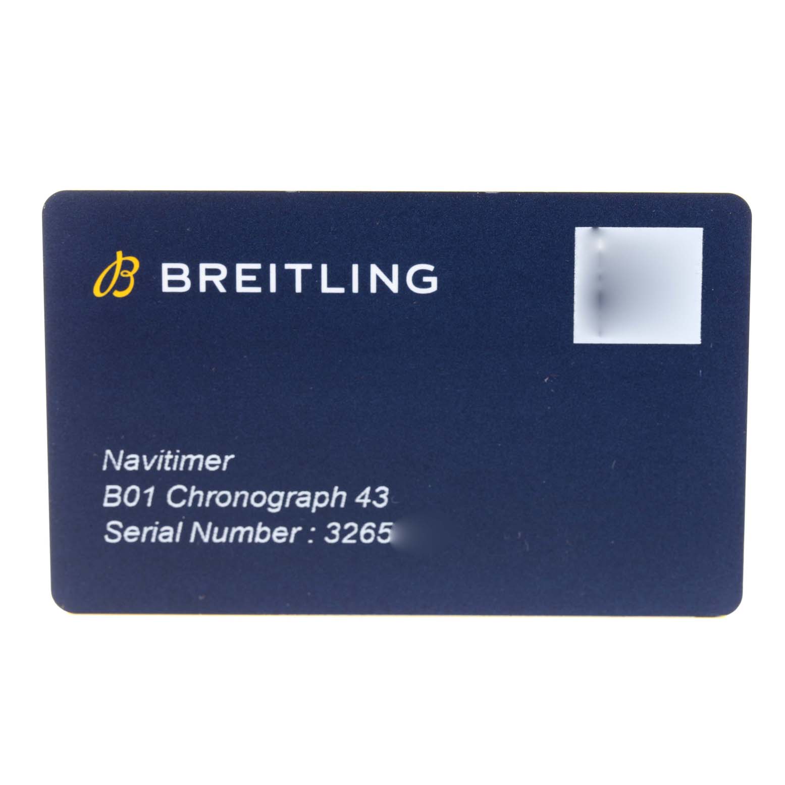 The image shows a Breitling Navitimer AB0121 Men's Stainless Steel Black Dial AB0121 Men's Stainless Steel Black Dial B01 Chronograph 43 identification card.