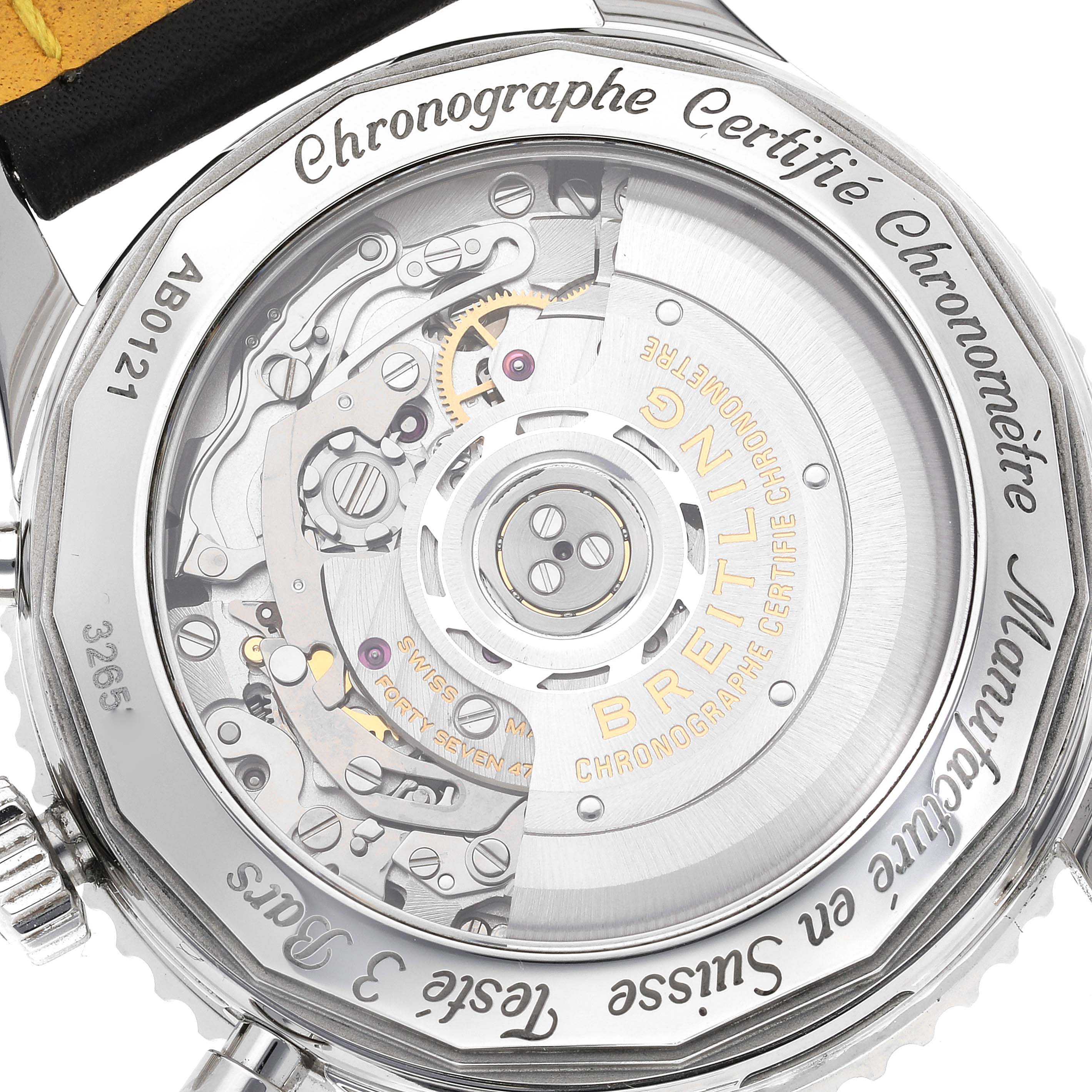 The image shows a close-up view of the back of a Breitling Navitimer AB0121 Men's Stainless Steel Black Dial AB0121 Men's Stainless Steel Black Dial watch, highlighting its intricate movement.