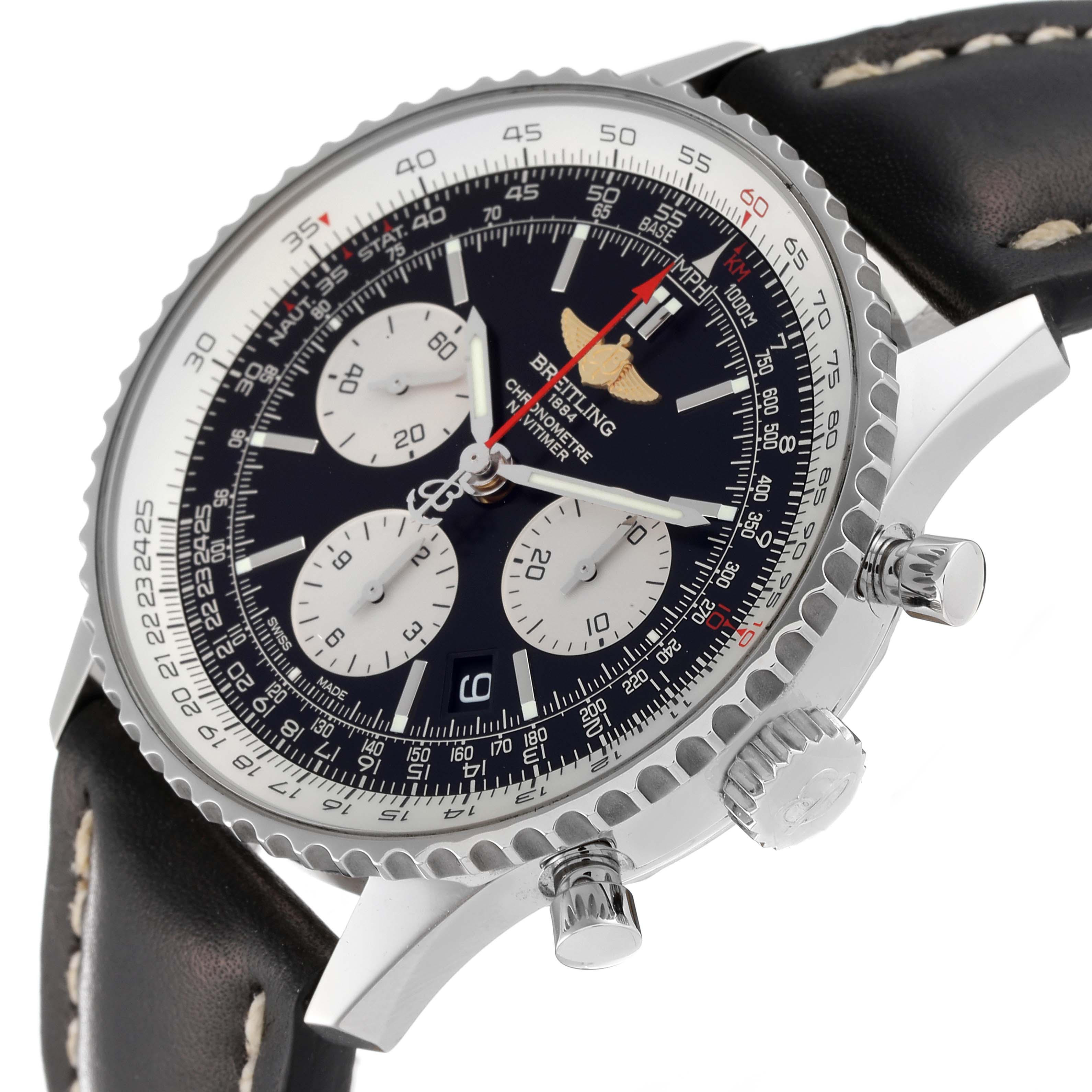 The image shows a close-up, angled view of a Breitling Navitimer AB0121 Men's Stainless Steel Black Dial AB0121 Men's Stainless Steel Black Dial watch highlighting the bezel, chronograph dials, and leather strap.