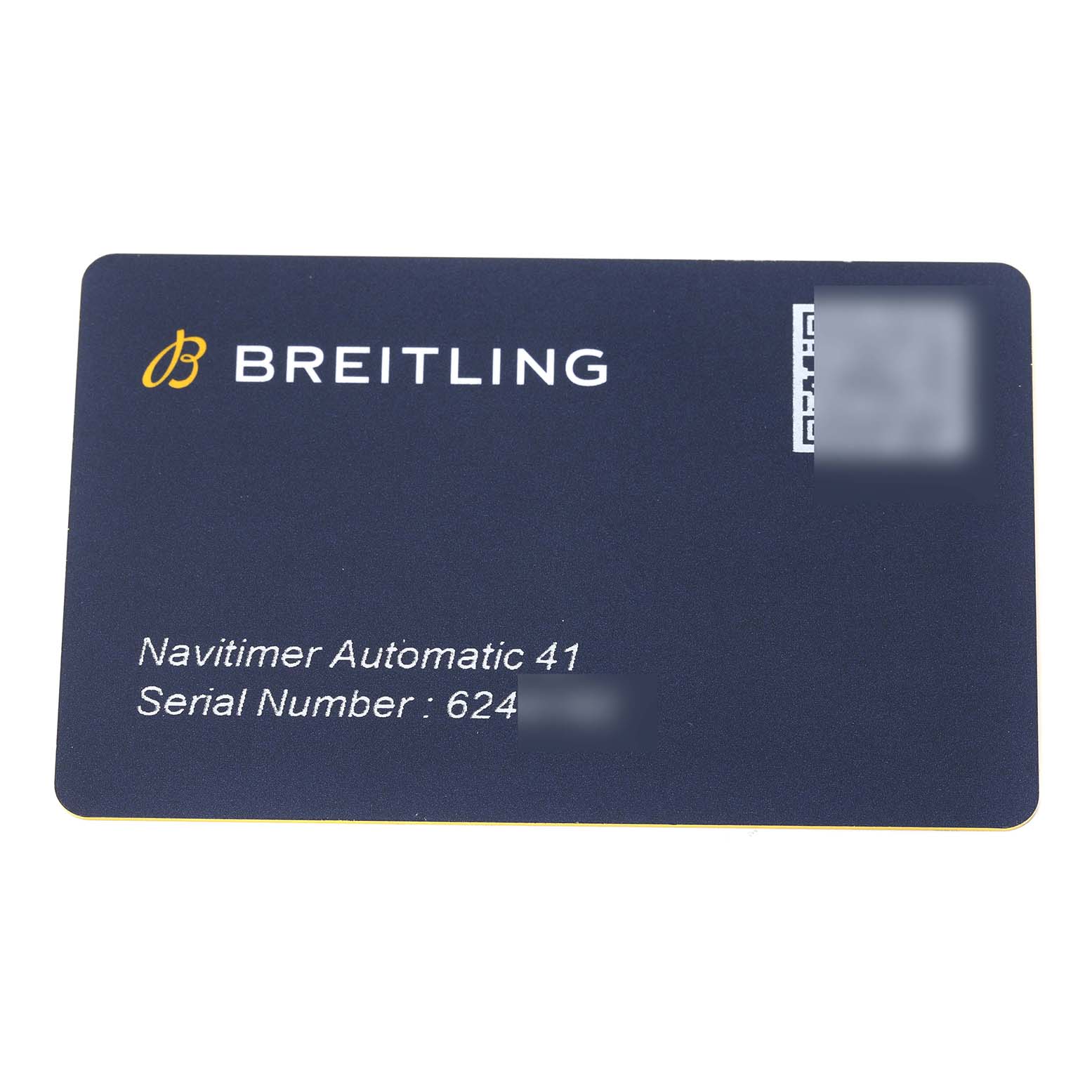 This is an image of a Breitling Navitimer U17326211M1A1 Men
s Steel and Gold (two tone) Grey Dial U17326211M1A1 Men
s Steel and Gold (two tone) Grey Dial Automatic 41 Best Quality
ation card, showing the brand name and serial number.
