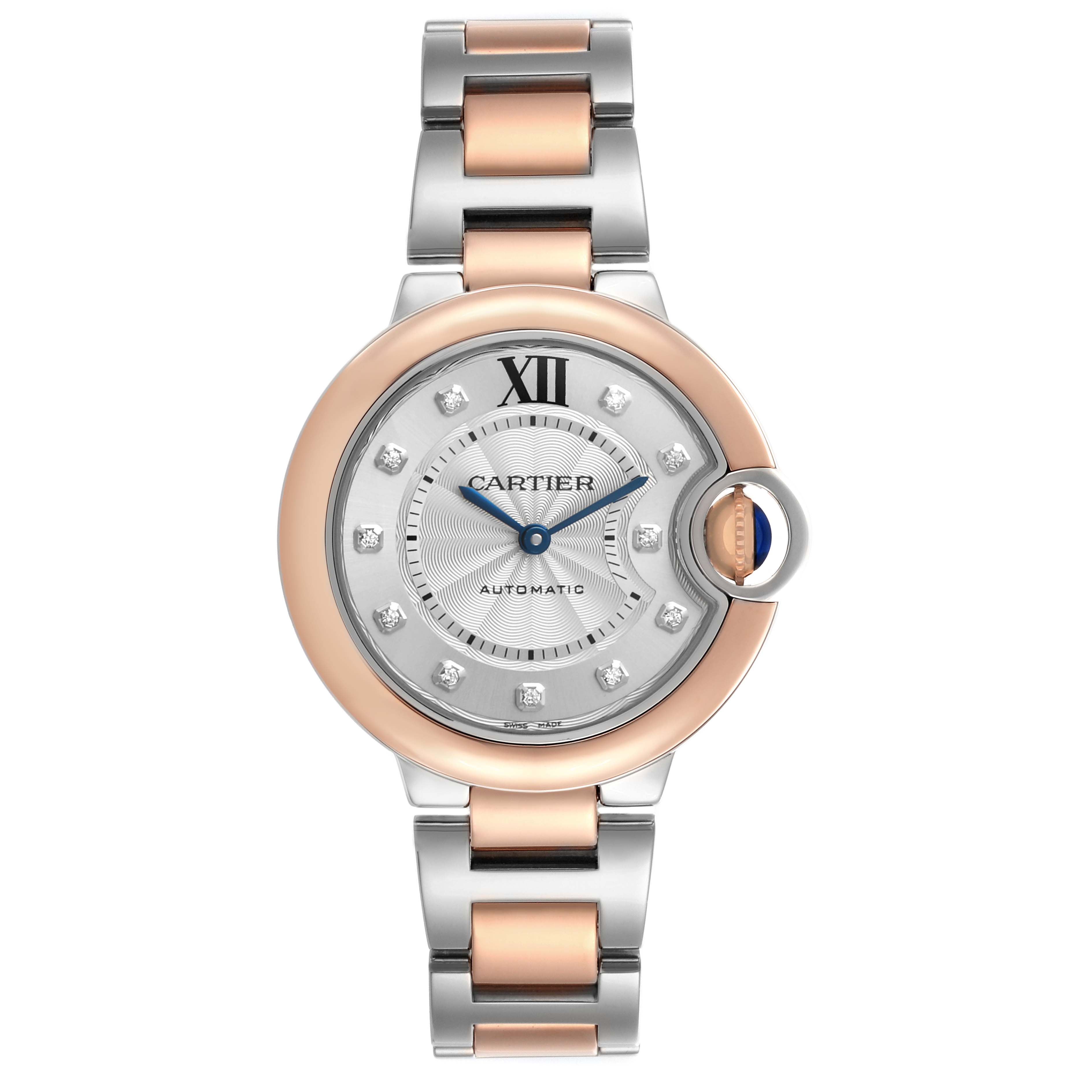 The Cartier Ballon Bleu W3BB0006 Women's Steel and Gold (two tone) Silver Dial watch is shown from a front angle featuring its face, bezel, and bracelet.