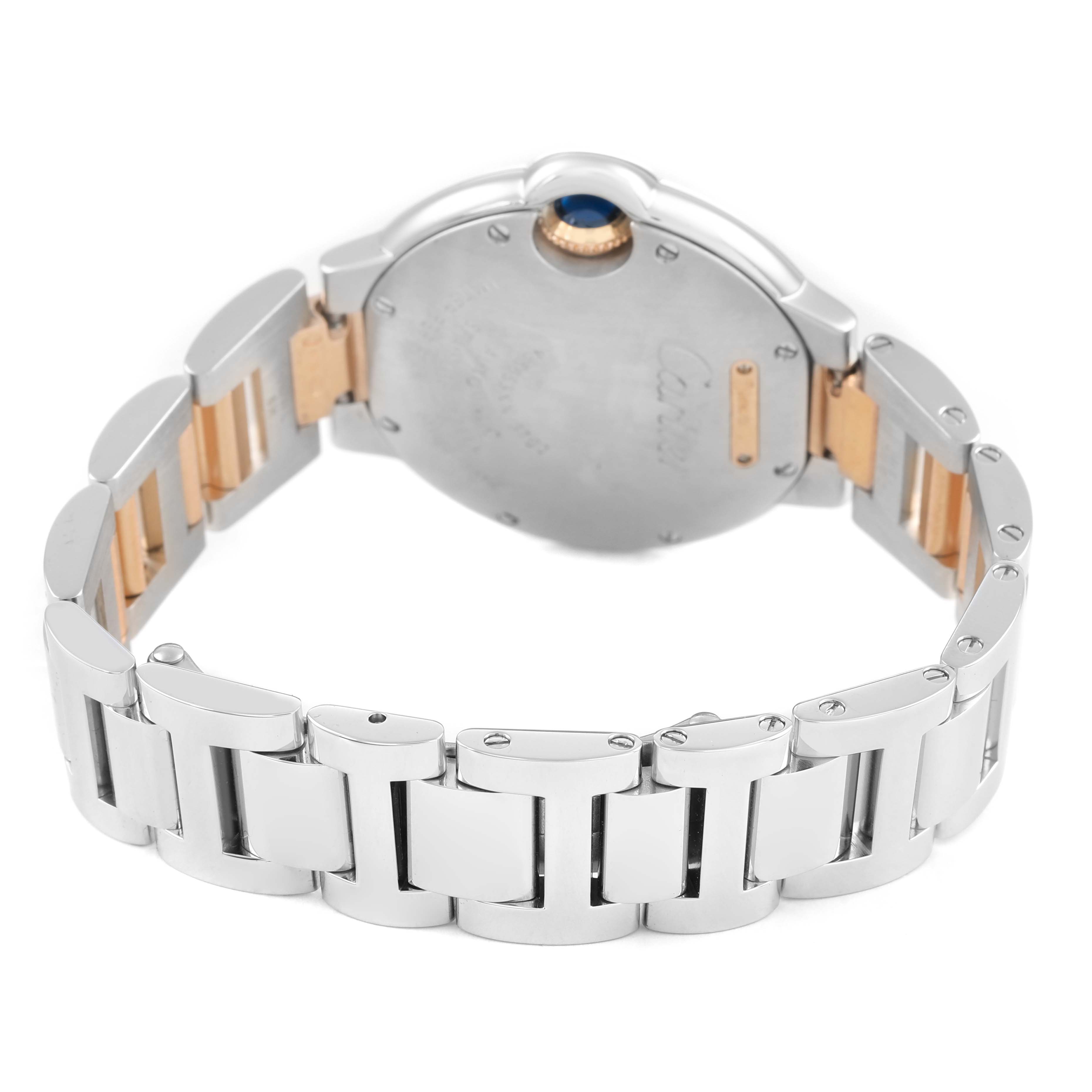 The image shows the back of a Cartier Ballon Bleu W3BB0006 Women's Steel and Gold (two tone) Silver Dial watch and part of its bracelet, highlighting the case and bracelet links.