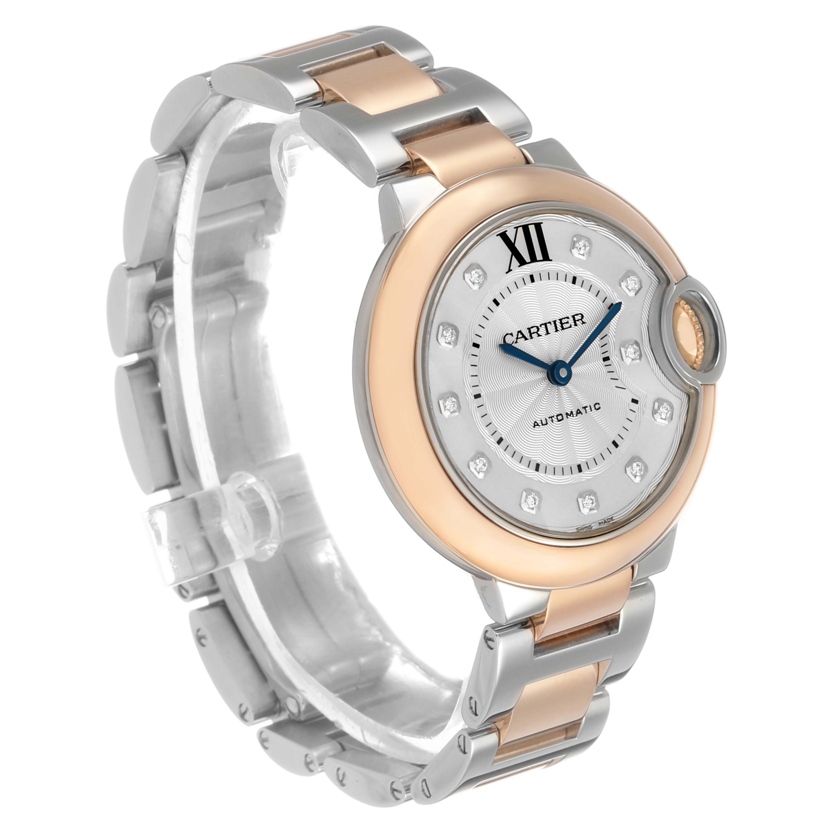 The Cartier Ballon Bleu W3BB0006 Women's Steel and Gold (two tone) Silver Dial watch is shown at a three-quarter angle, highlighting its dual-tone bracelet and round case with diamond markers.
