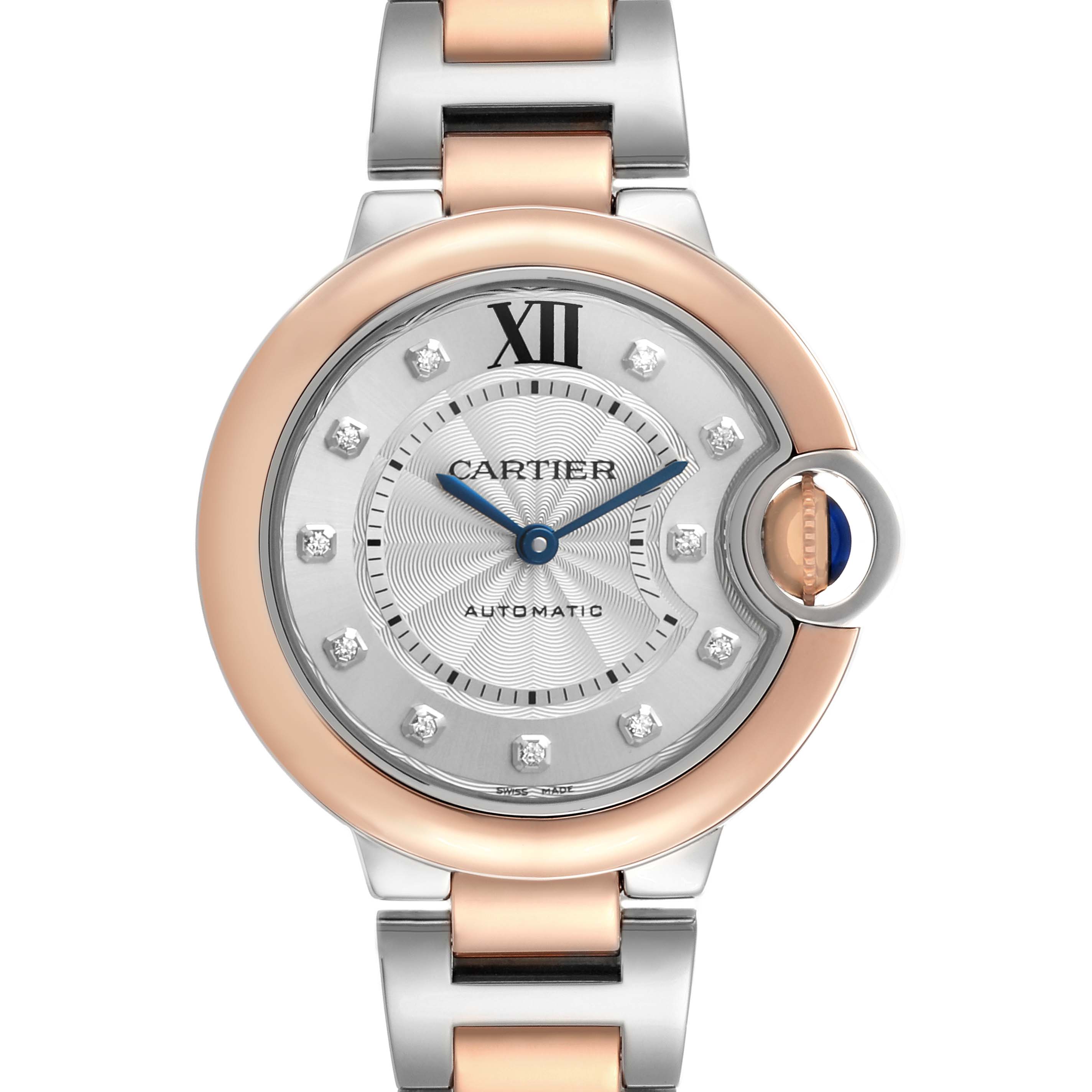 The Cartier Ballon Bleu W3BB0006 Women's Steel and Gold (two tone) Silver Dial watch is shown from the front, highlighting its dial, crown with blue cabochon, and two-tone bracelet.