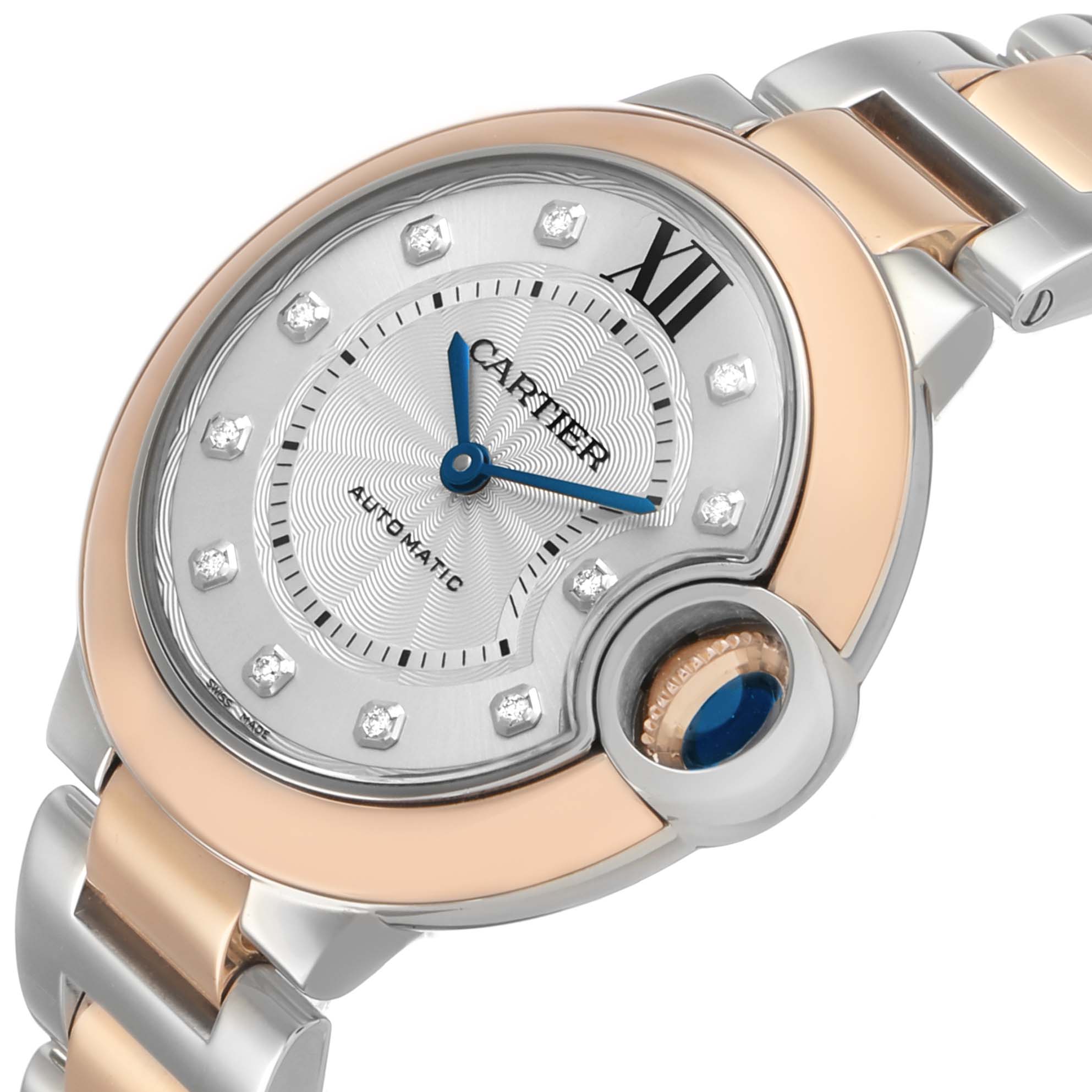 The image shows a close-up of the Cartier Ballon Bleu W3BB0006 Women's Steel and Gold (two tone) Silver Dial watch, highlighting the dial, crown, and part of the bracelet.