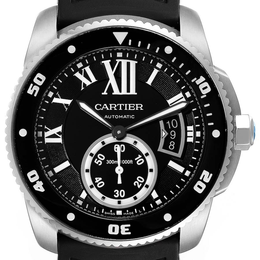 Cartier Calibre Diver Black Dial Rubber Strap Steel Mens Watch W7100056 Papers SwissWatchExpo