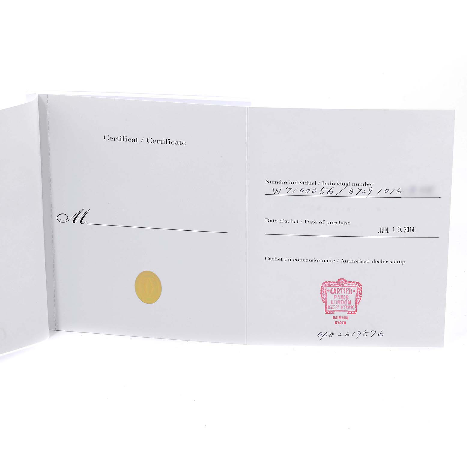 The image shows a certificate for the Calibre de Cartier model by Cartier, featuring individual number, date of purchase, and dealer stamp.