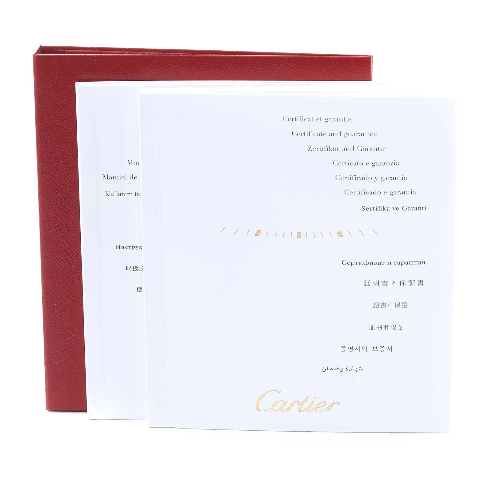 The image shows the manuals and guarantee certificate for a Calibre de Cartier model by Cartier.