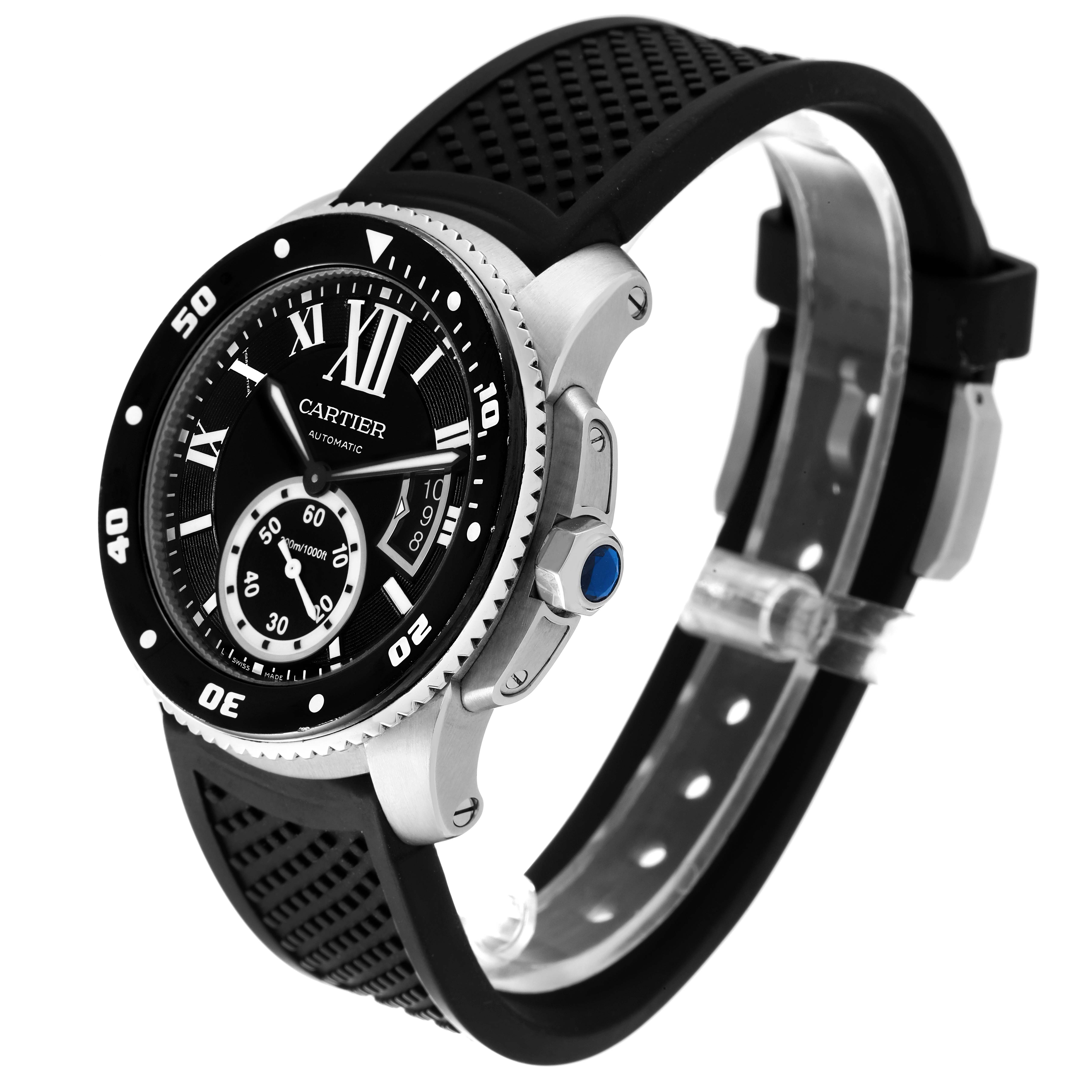 The image shows a side angle view of the Calibre de Cartier watch by Cartier, highlighting its bezel, crown, and strap.