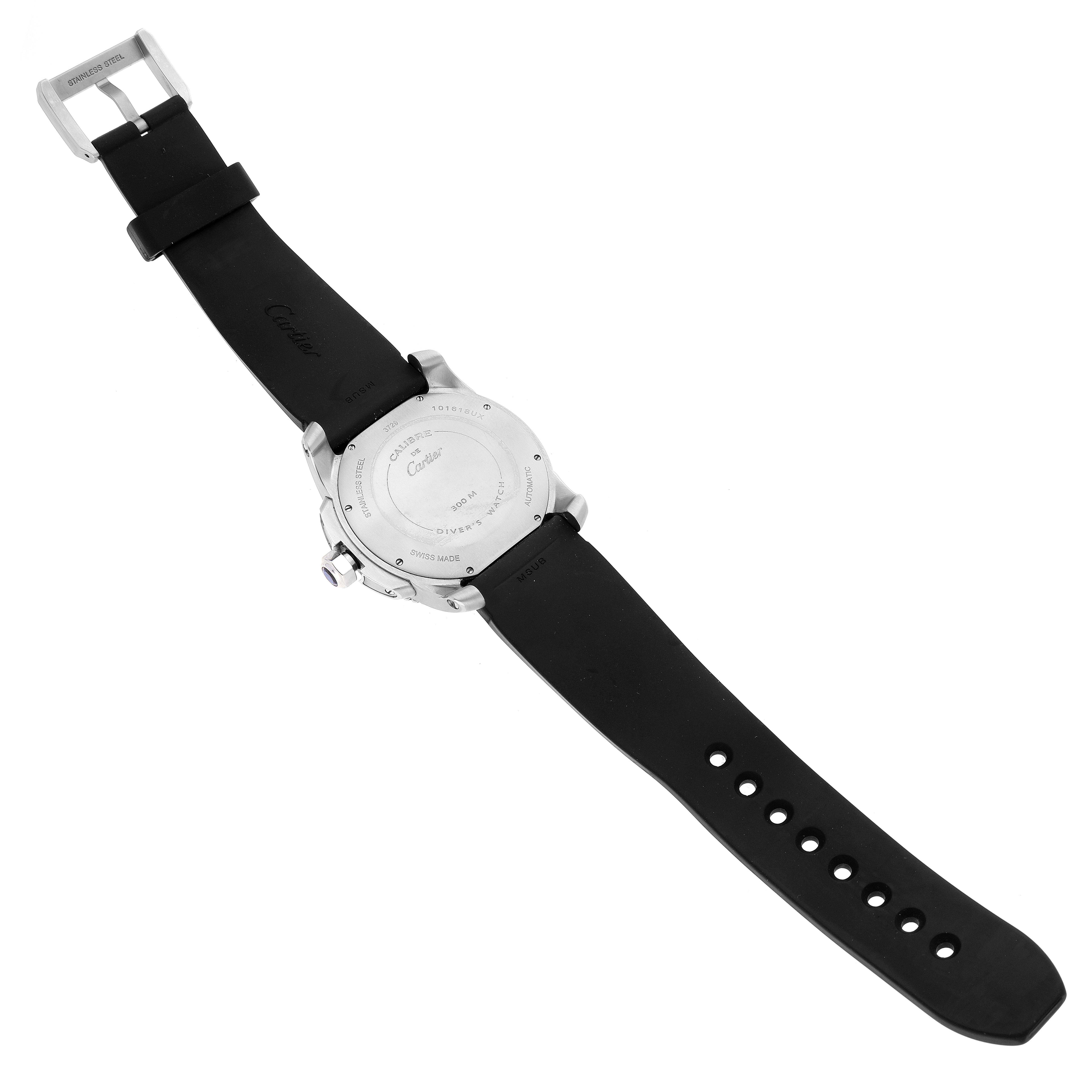 The image shows the back view of a Calibre de Cartier watch by Cartier, including the strap and the buckle.