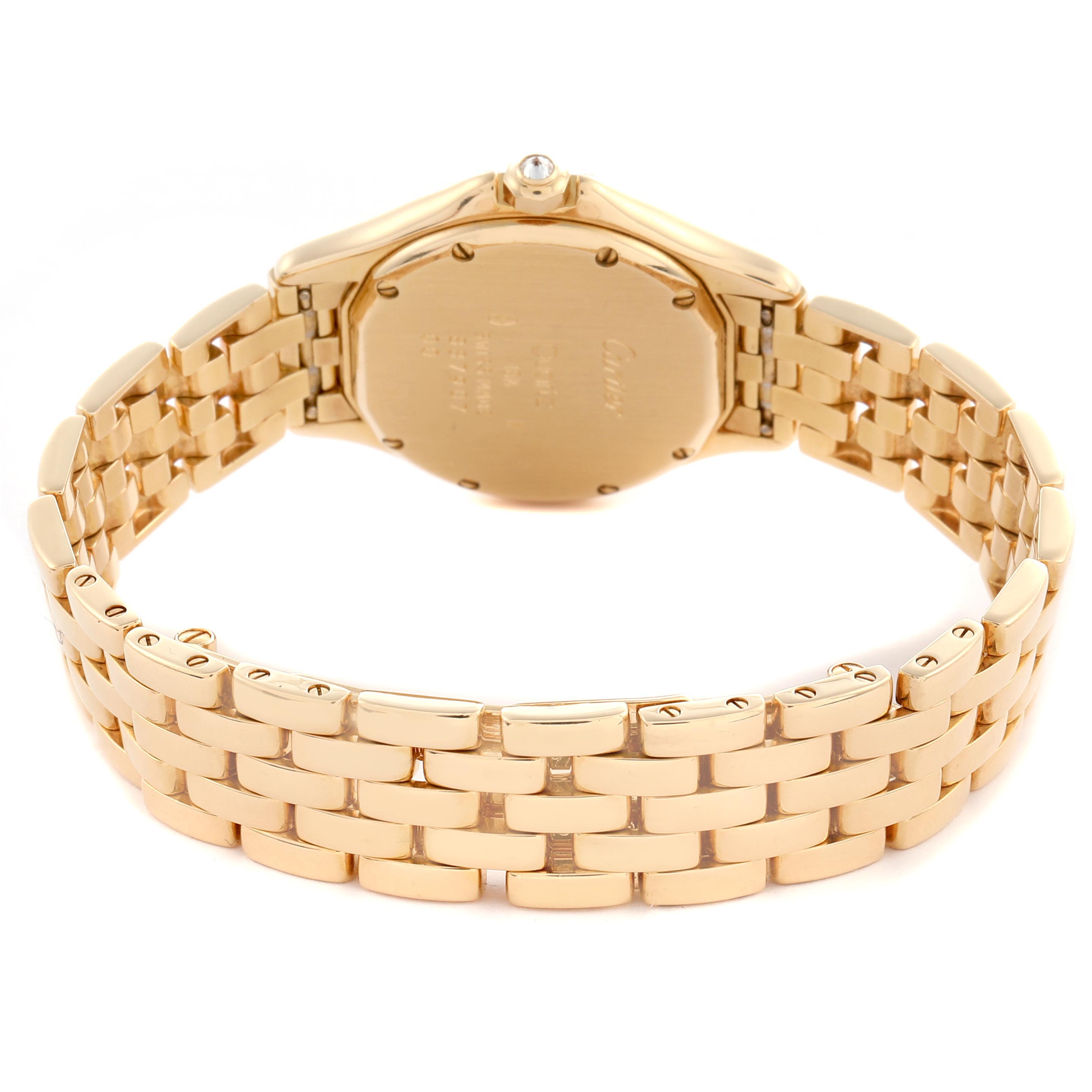 The Cartier Panthère watch is shown from the back, displaying the case back and part of the bracelet.