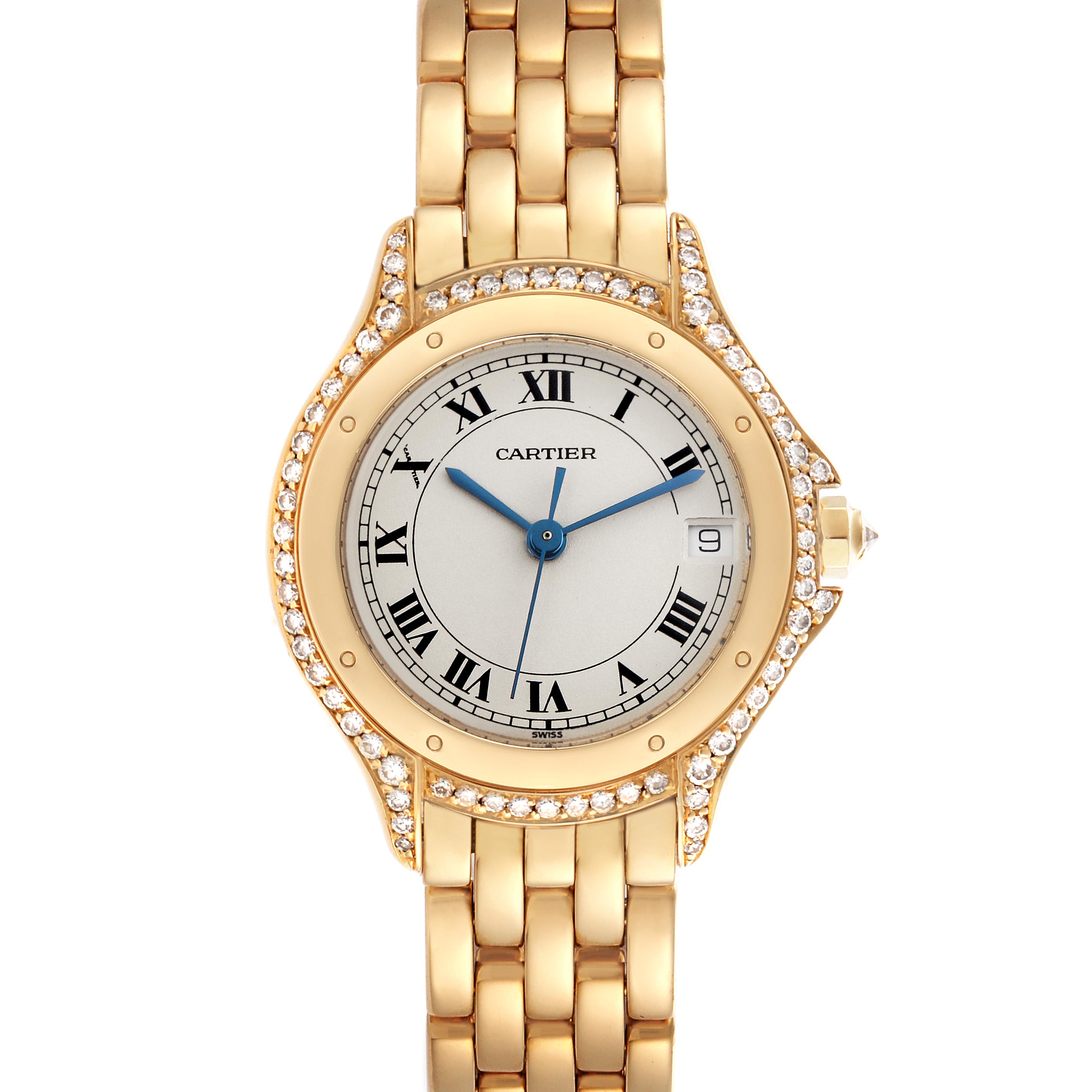 The image shows the Cartier Panthere WF8002B9 Women
s Yellow Gold Silver Dial WF8002B9 Women
s Yellow Gold Silver Dial watch from a top-down angle, displaying its face, case, strap, and crown adorned with diamonds.