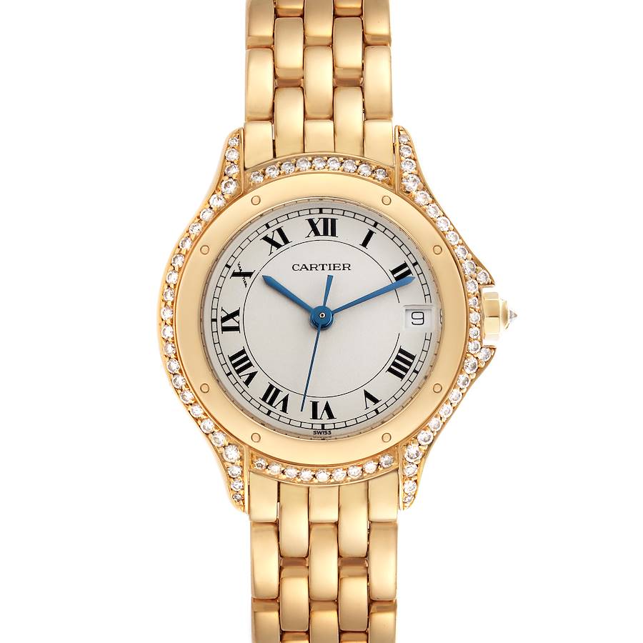 The image shows the Cartier Panthere watch from a top-down angle, displaying its face, case, strap, and crown adorned with diamonds.