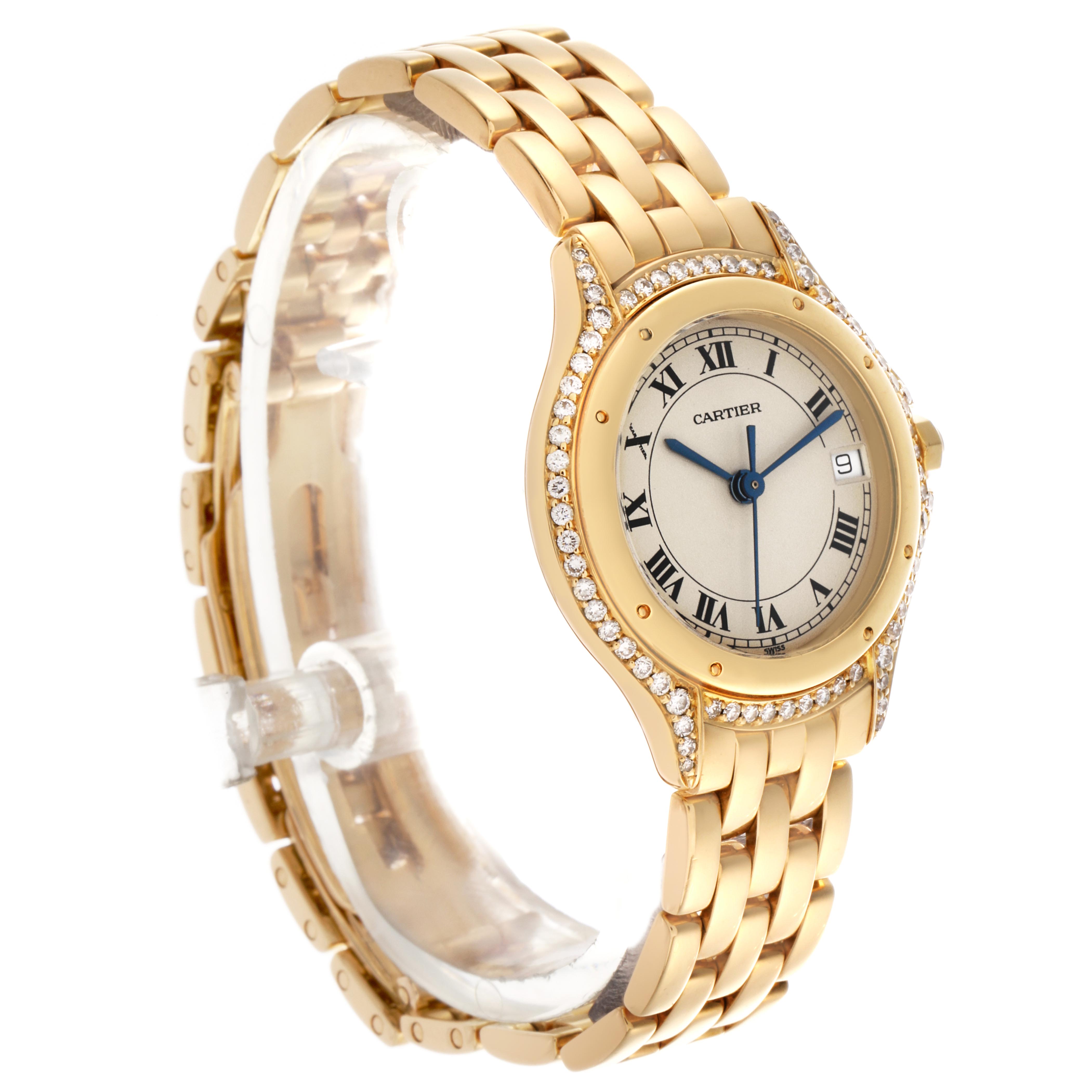 The Cartier Panthère watch is shown at an angle displaying the face, bezel, crown, and part of the bracelet.