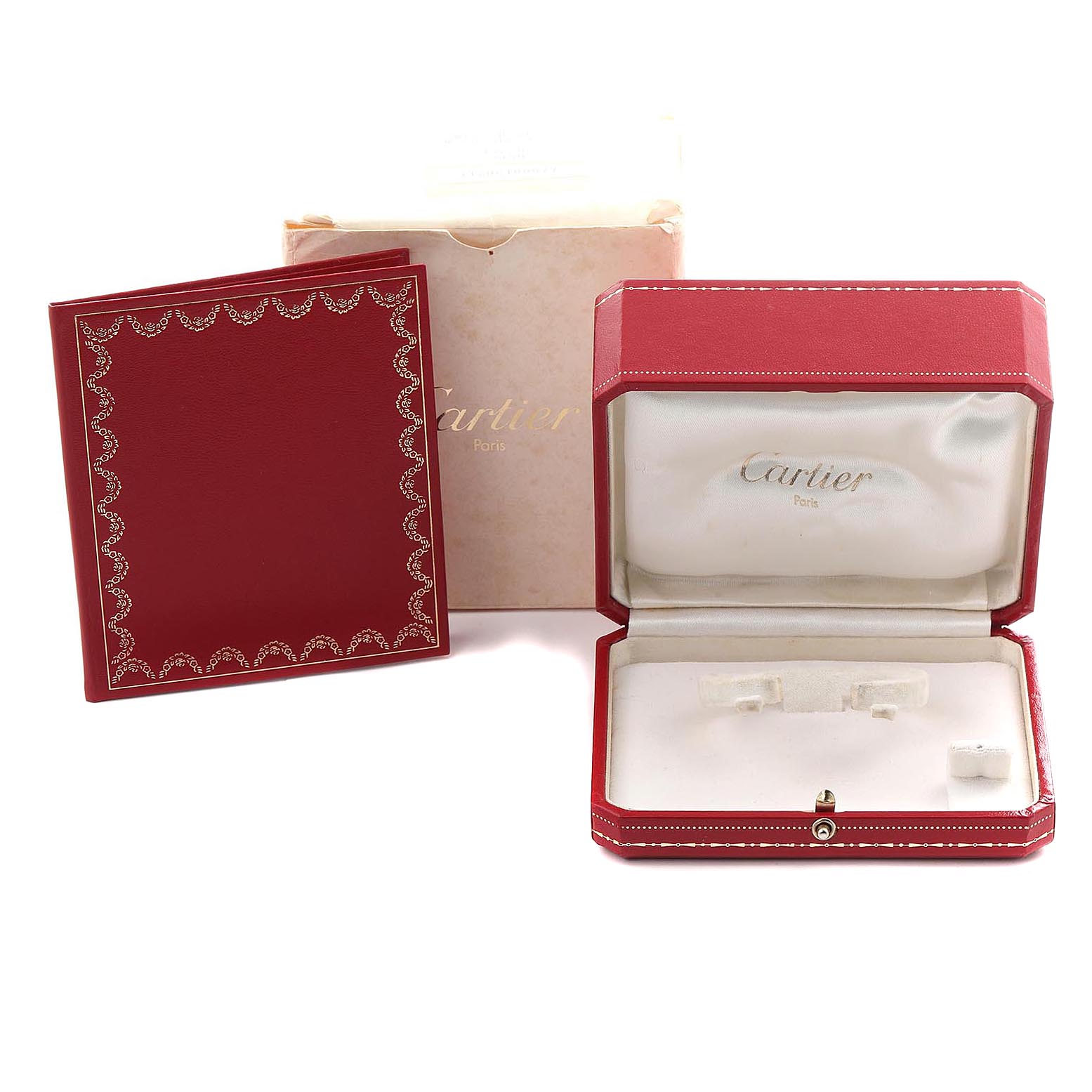The image shows a Cartier Panthère watch box and accessories, including a red case and a booklet, viewed from the front.