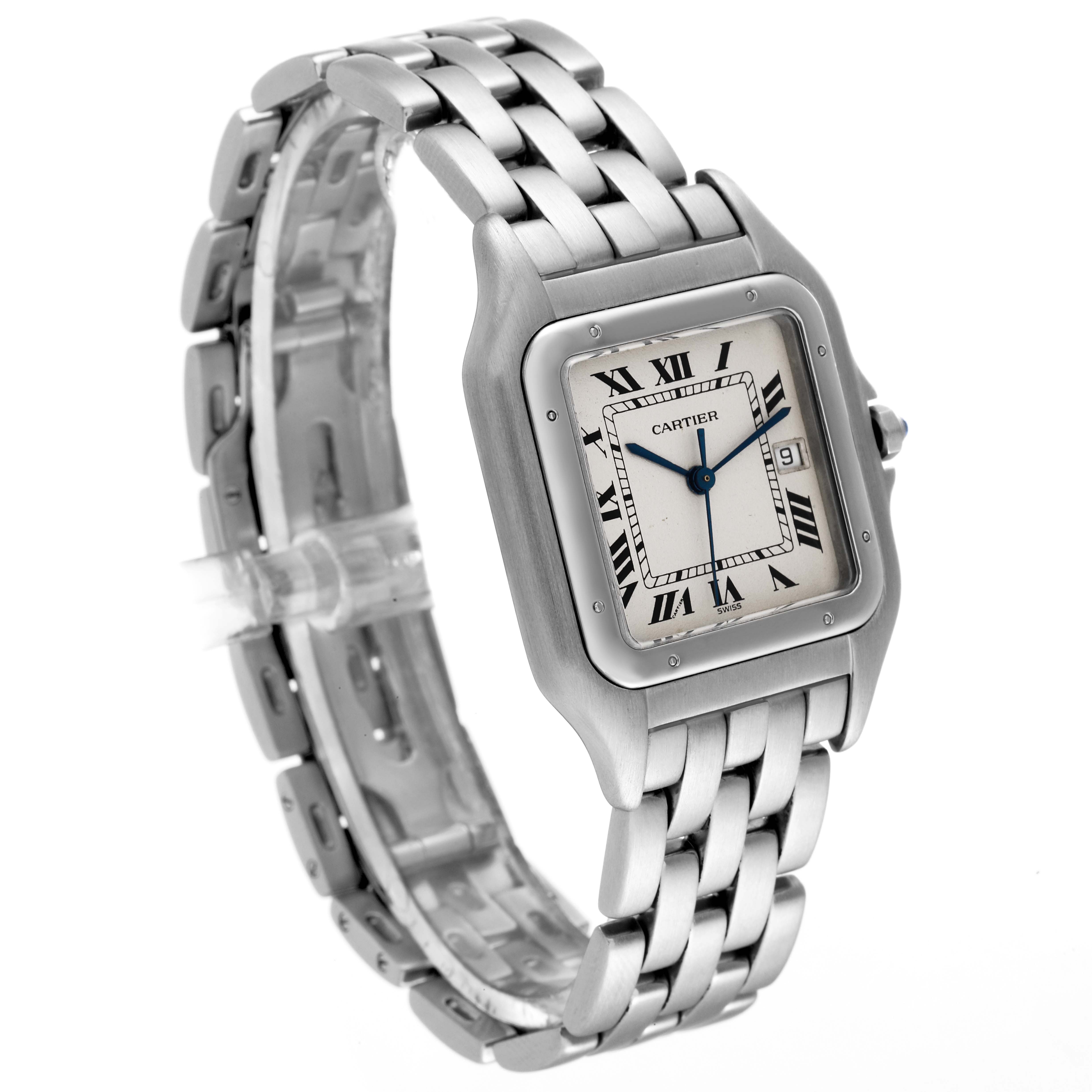 The image shows a three-quarter angled view of a Cartier Panthere W25032P5 Men
s Stainless Steel Silver Dial W25032P5 Men
s Stainless Steel Silver Dial watch, highlighting the face, bezel, bracelet, and crown.