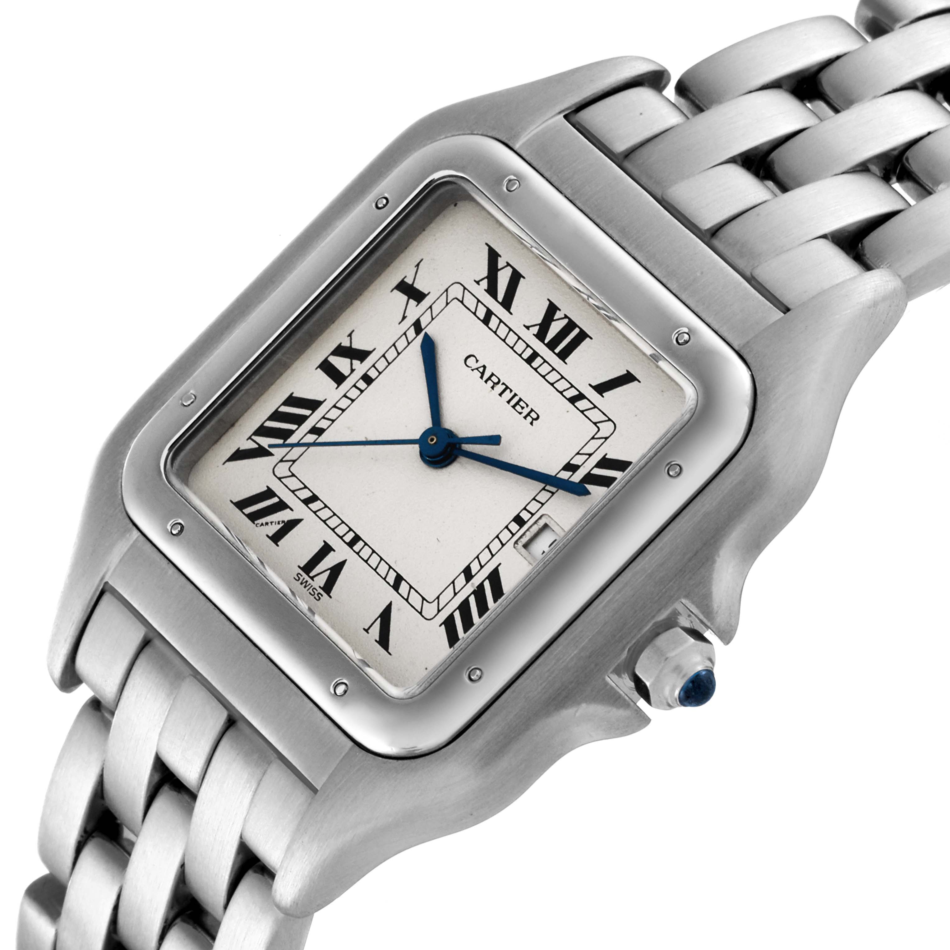 The image shows a close-up of a Cartier Panthere W25032P5 Men
s Stainless Steel Silver Dial W25032P5 Men
s Stainless Steel Silver Dial watch face and part of the bracelet at an angle.