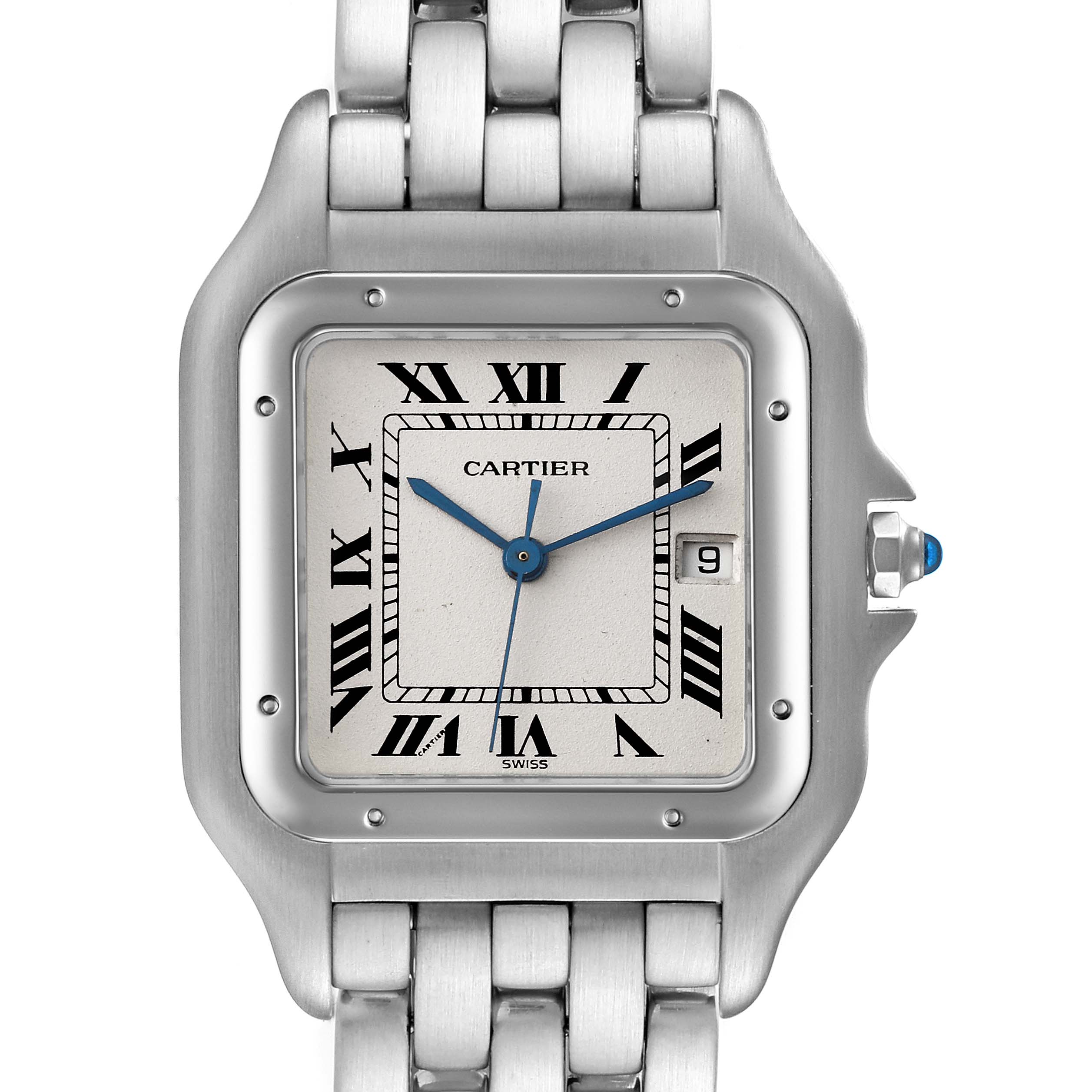This image shows a frontal view of a Panthère watch by Cartier, highlighting the face, bezel, and bracelet.