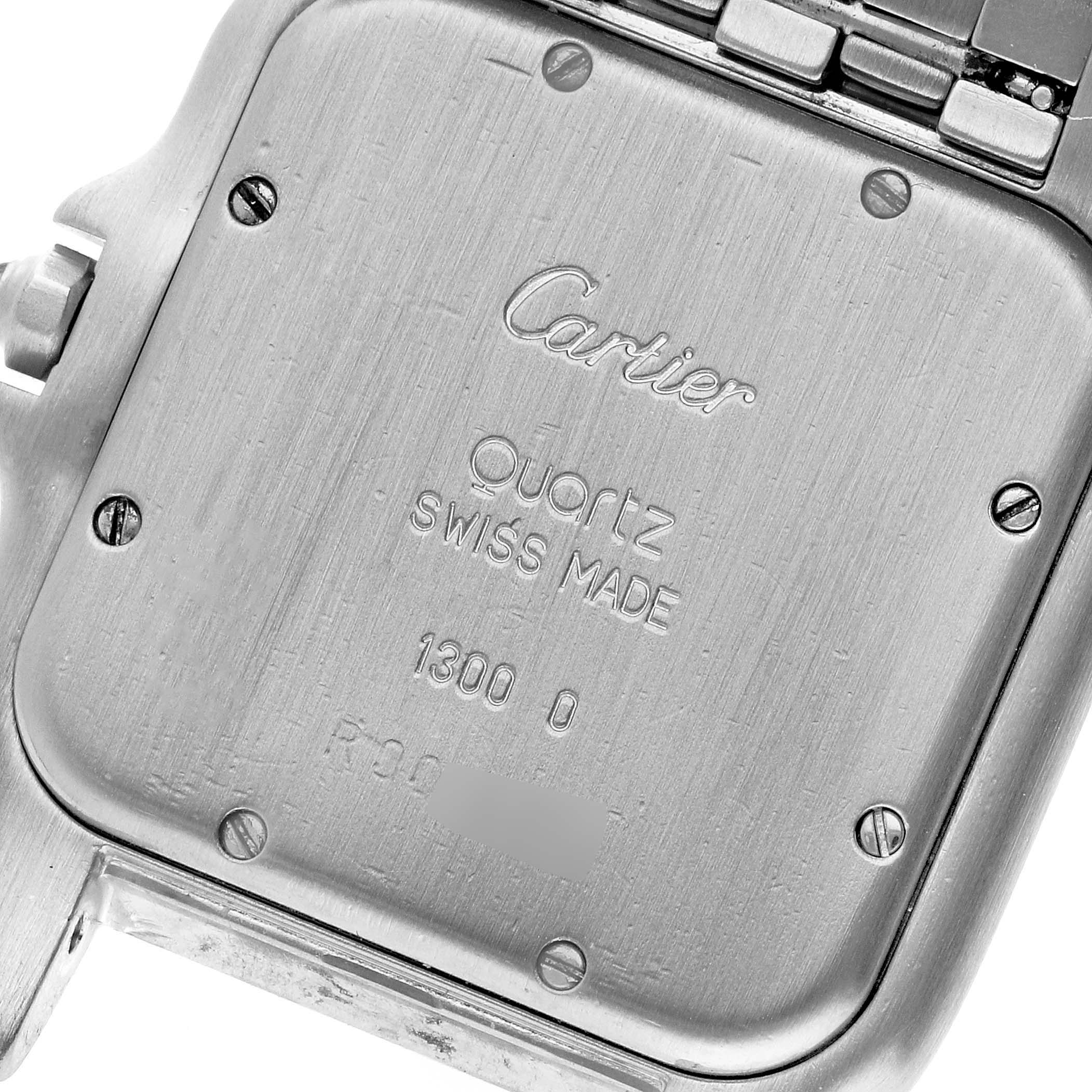 The image shows the back casing of a Cartier Panthere W25032P5 Men
s Stainless Steel Silver Dial W25032P5 Men
s Stainless Steel Silver Dial watch, displaying "Cartier," "Quartz," "Swiss Made," and serial numbers.