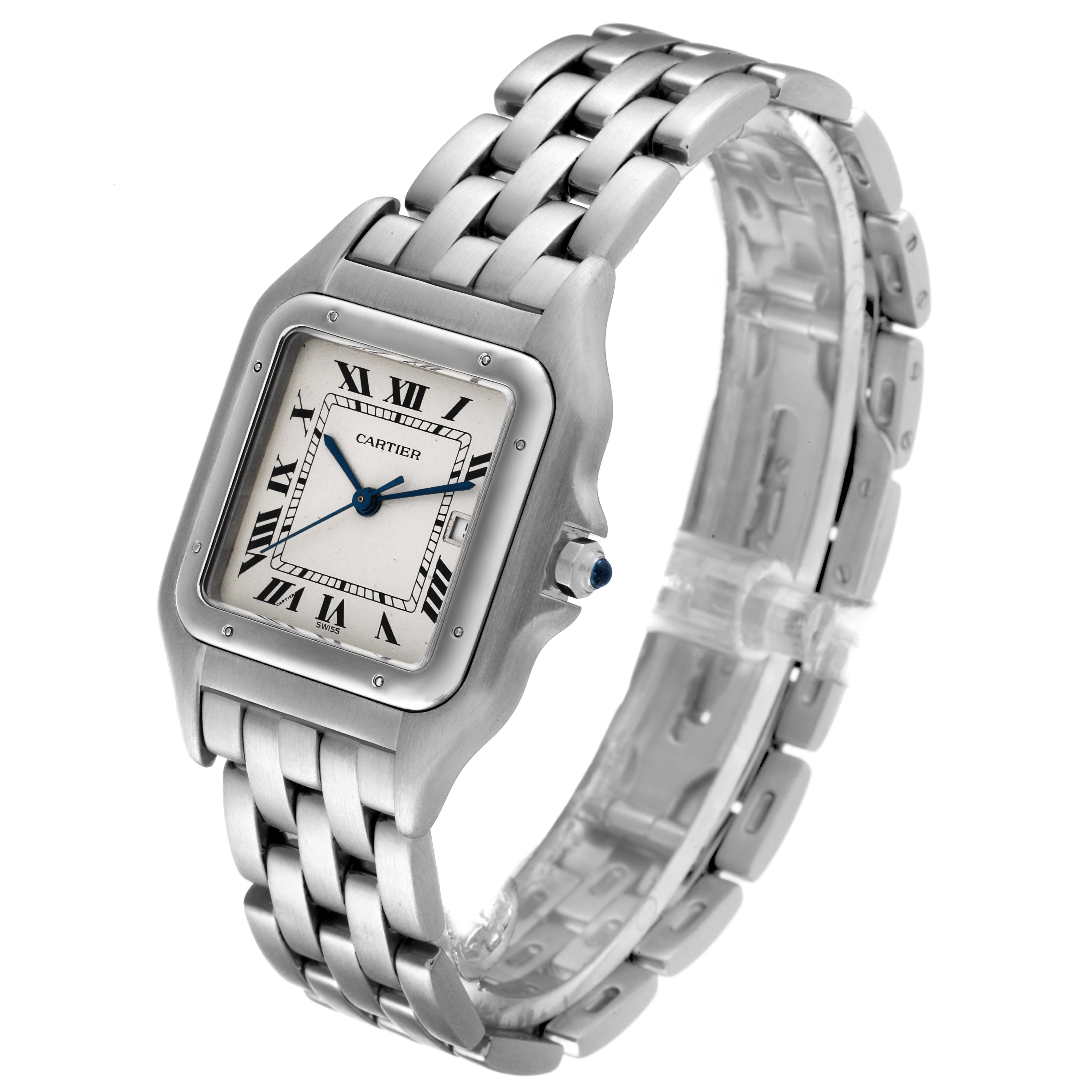 The Cartier Panthere W25032P5 Men
s Stainless Steel Silver Dial W25032P5 Men
s Stainless Steel Silver Dial watch is shown at an angle, featuring its face, bezel, bracelet, and crown with a blue cabochon.