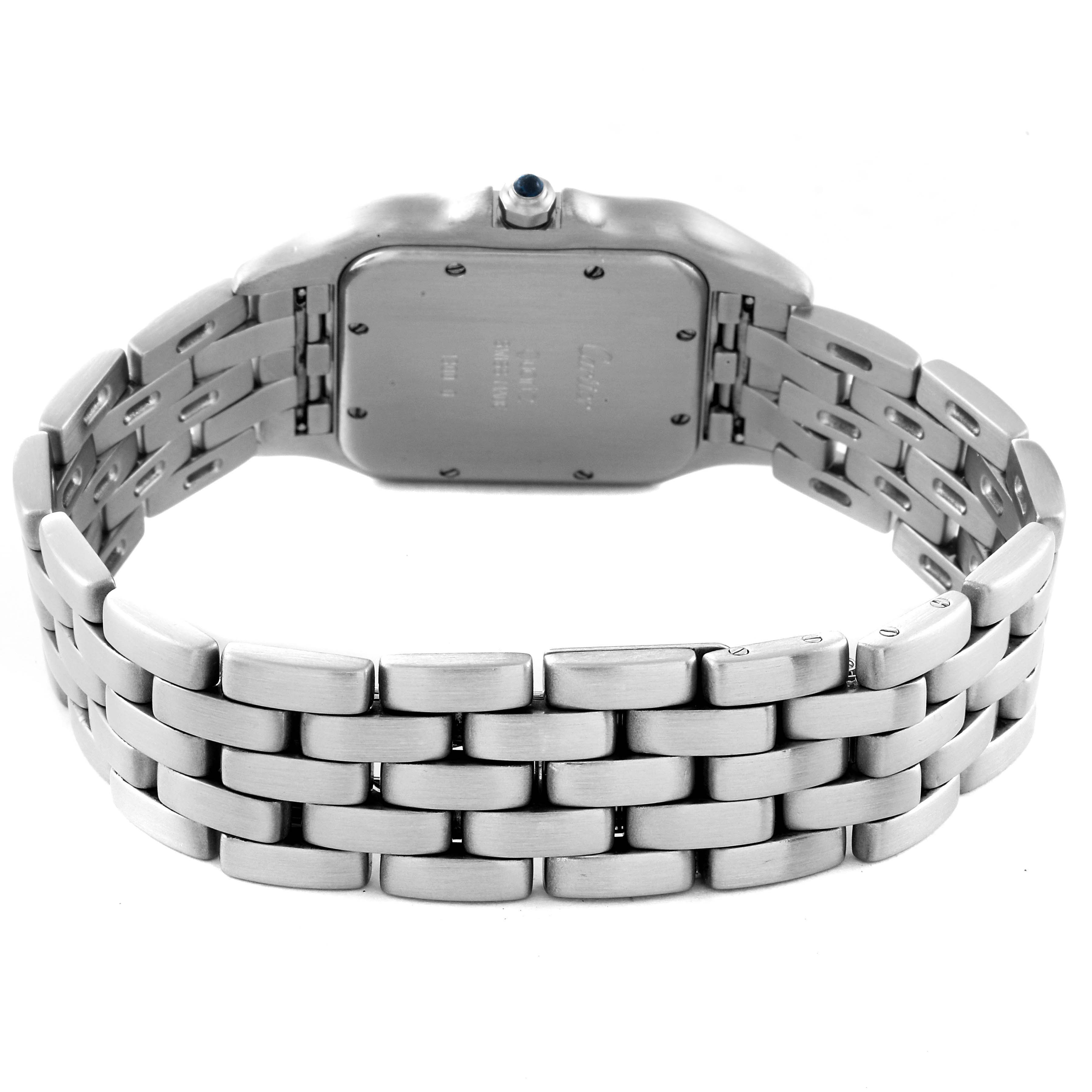 The image shows the back view of the Cartier Panthere W25032P5 Men
s Stainless Steel Silver Dial W25032P5 Men
s Stainless Steel Silver Dial watch, highlighting its case back, crown, and metal bracelet.