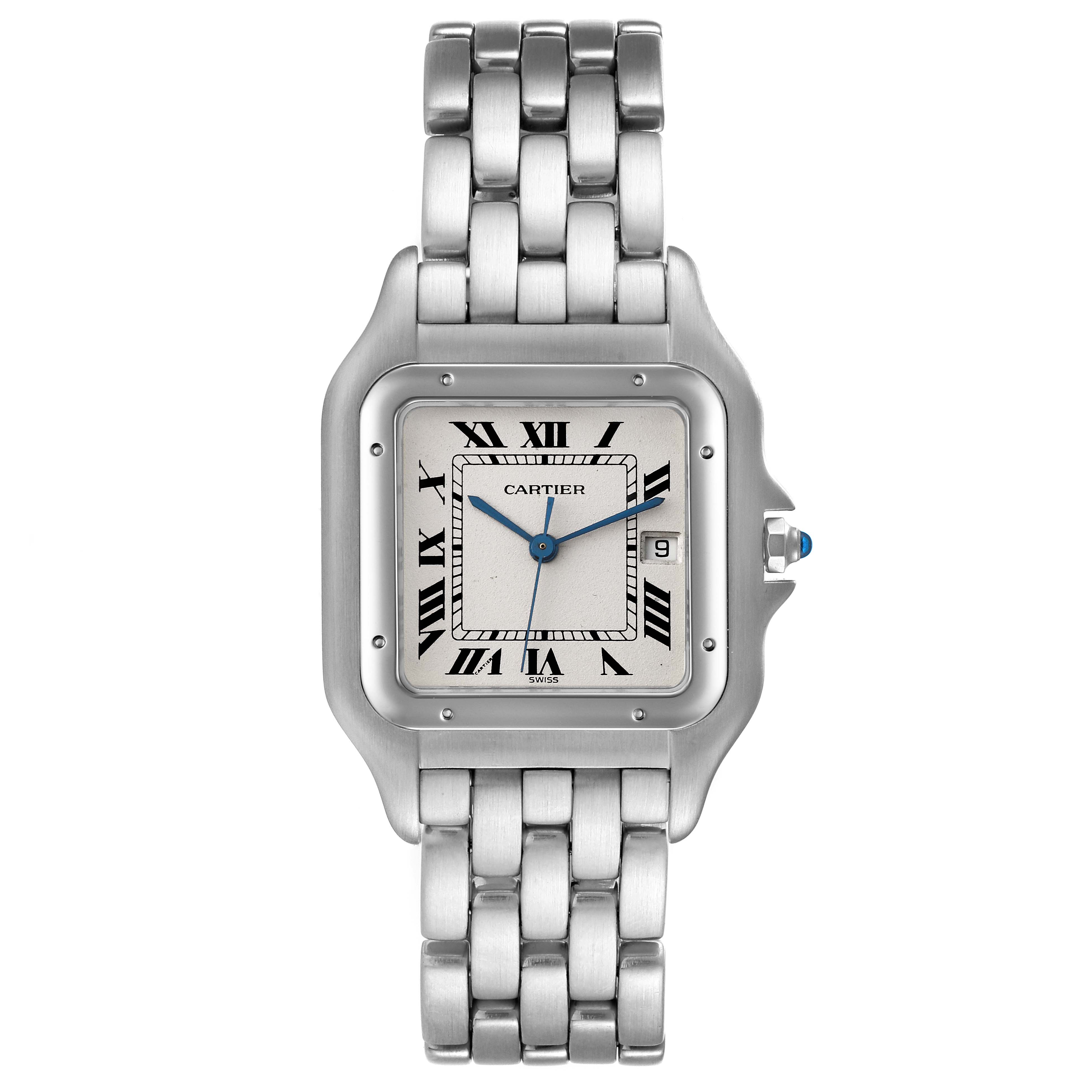 The image shows a front view of the Cartier Panthere W25032P5 Men
s Stainless Steel Silver Dial W25032P5 Men
s Stainless Steel Silver Dial watch, highlighting its square face, metal band, and Roman numeral markers.