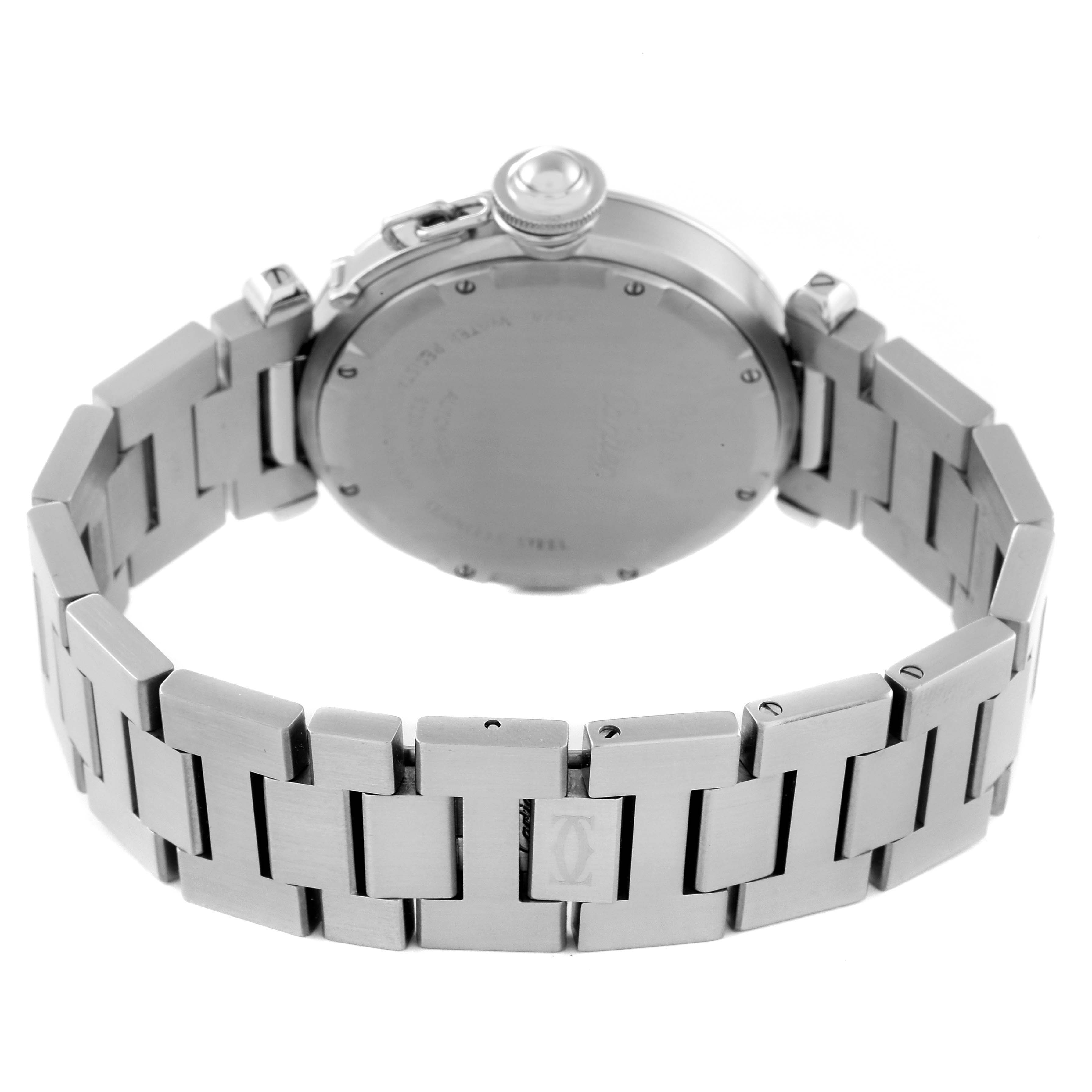 This is a rear view of a Cartier Pasha W31074M7 Men's Stainless Steel White Dial W31074M7 Men's Stainless Steel White Dial watch showing its stainless steel bracelet and case back.