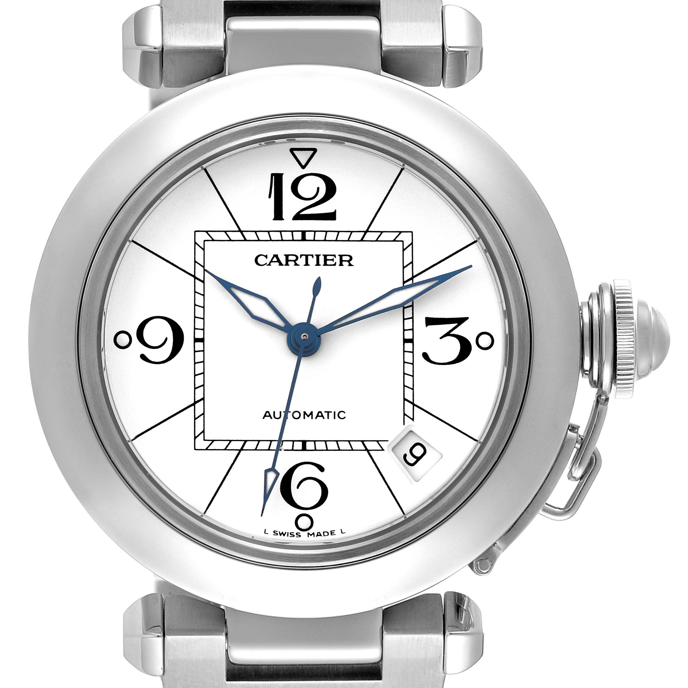 This image shows a front view of the Cartier Pasha W31074M7 Men's Stainless Steel White Dial W31074M7 Men's Stainless Steel White Dial watch, featuring the dial, hands, crown, and date window.