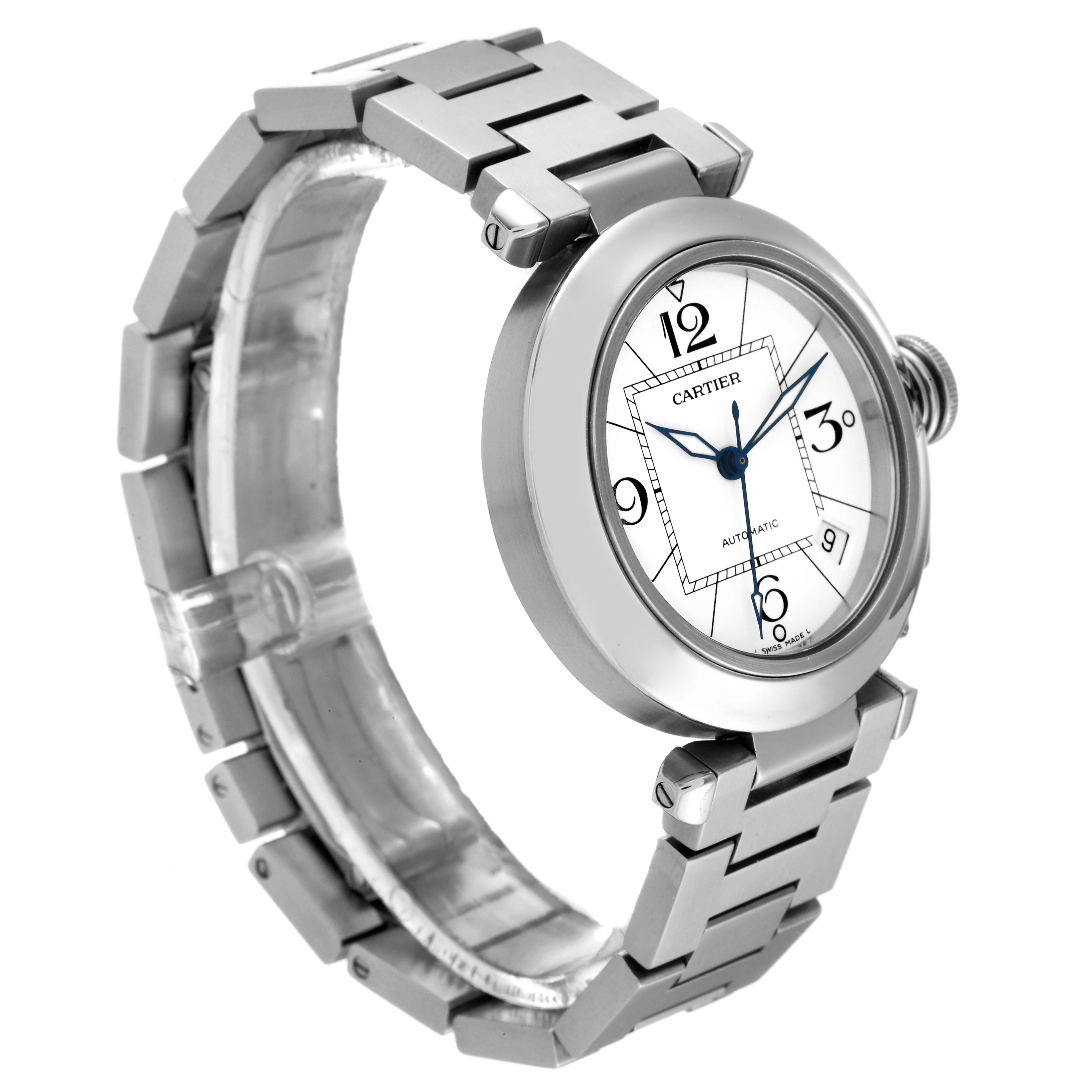 This image shows a side angle view of the Cartier Pasha W31074M7 Men's Stainless Steel White Dial W31074M7 Men's Stainless Steel White Dial watch, displaying its metal bracelet and round dial with blue hands.