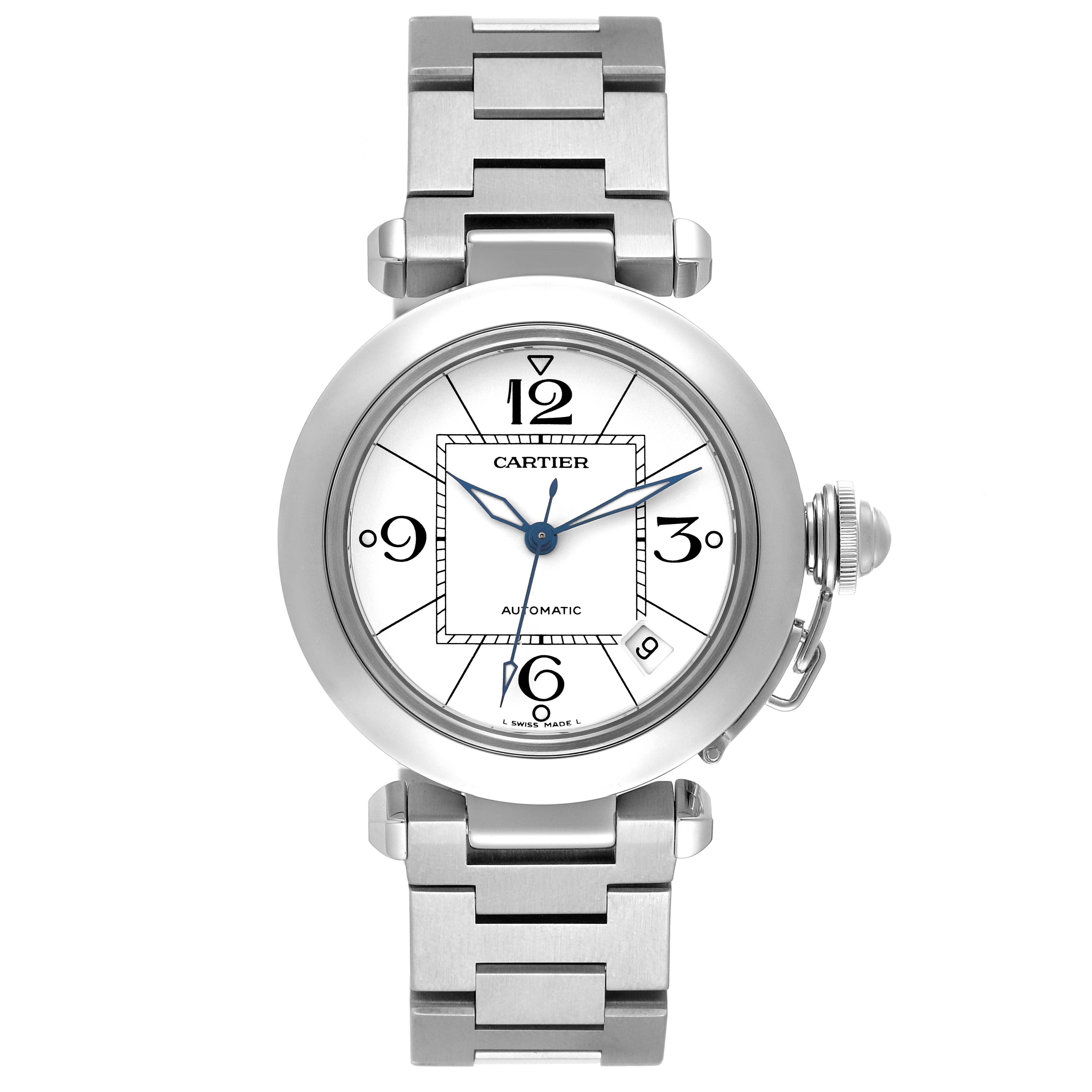 The image shows a front view of a Cartier Pasha W31074M7 Men's Stainless Steel White Dial W31074M7 Men's Stainless Steel White Dial watch, highlighting its face, bracelet, and crown.