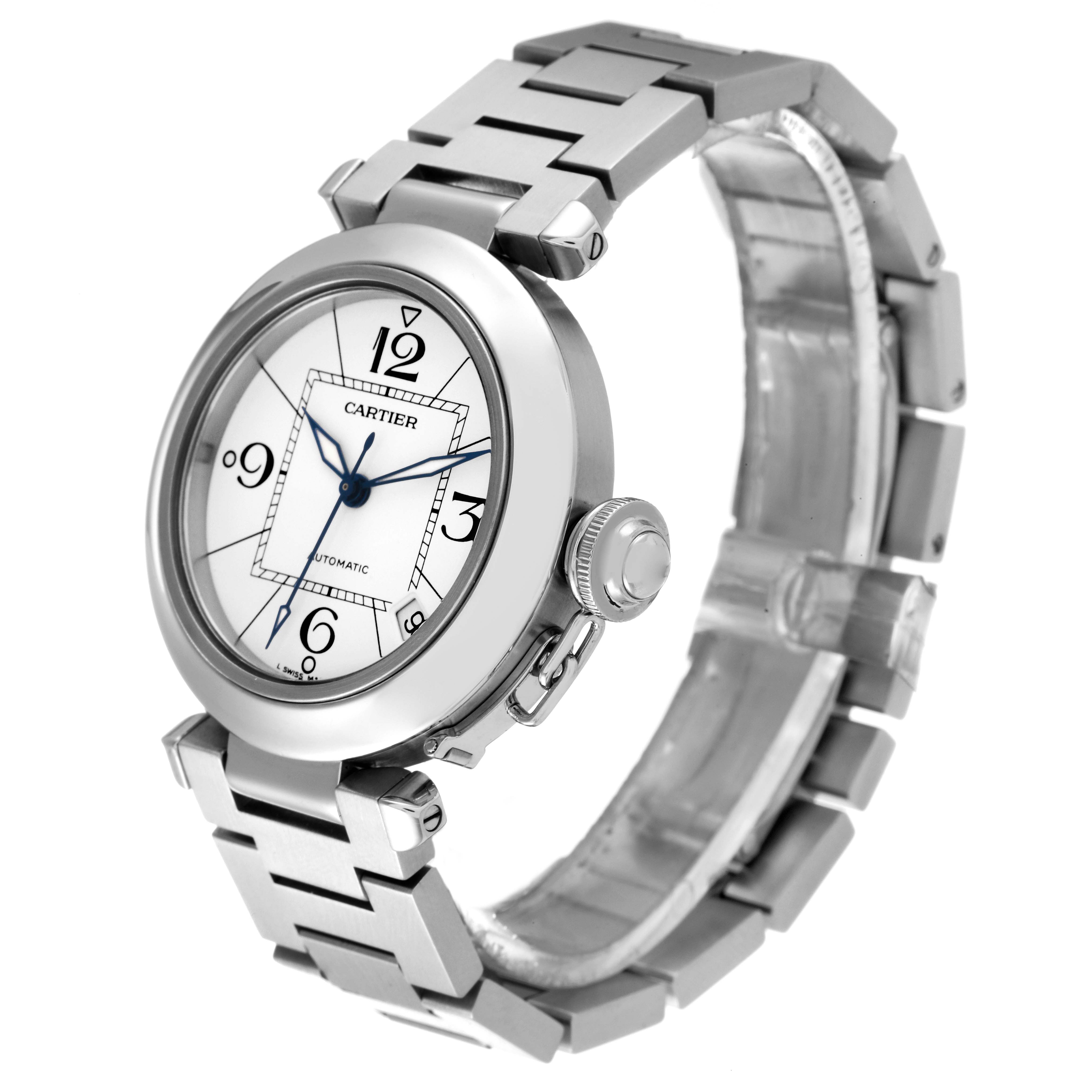 The Cartier Pasha W31074M7 Men's Stainless Steel White Dial W31074M7 Men's Stainless Steel White Dial watch is shown from a front angle displaying the face, bezel, crown, and part of the bracelet.
