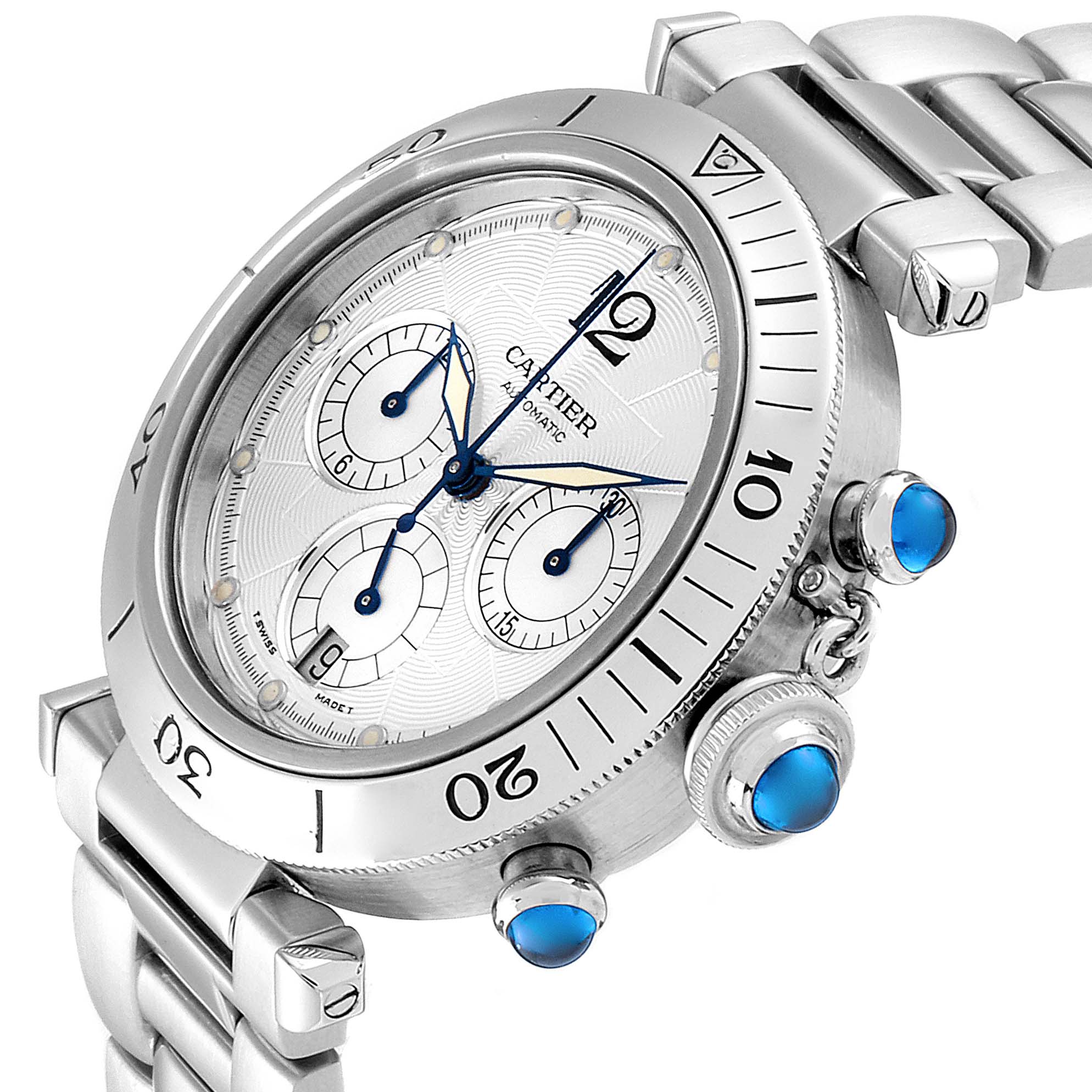 The image shows an angled view of a Cartier Pasha W31030H3 Men's Stainless Steel Silver Dial W31030H3 Men's Stainless Steel Silver Dial watch, highlighting the bezel, crown, sub-dials, and part of the bracelet.