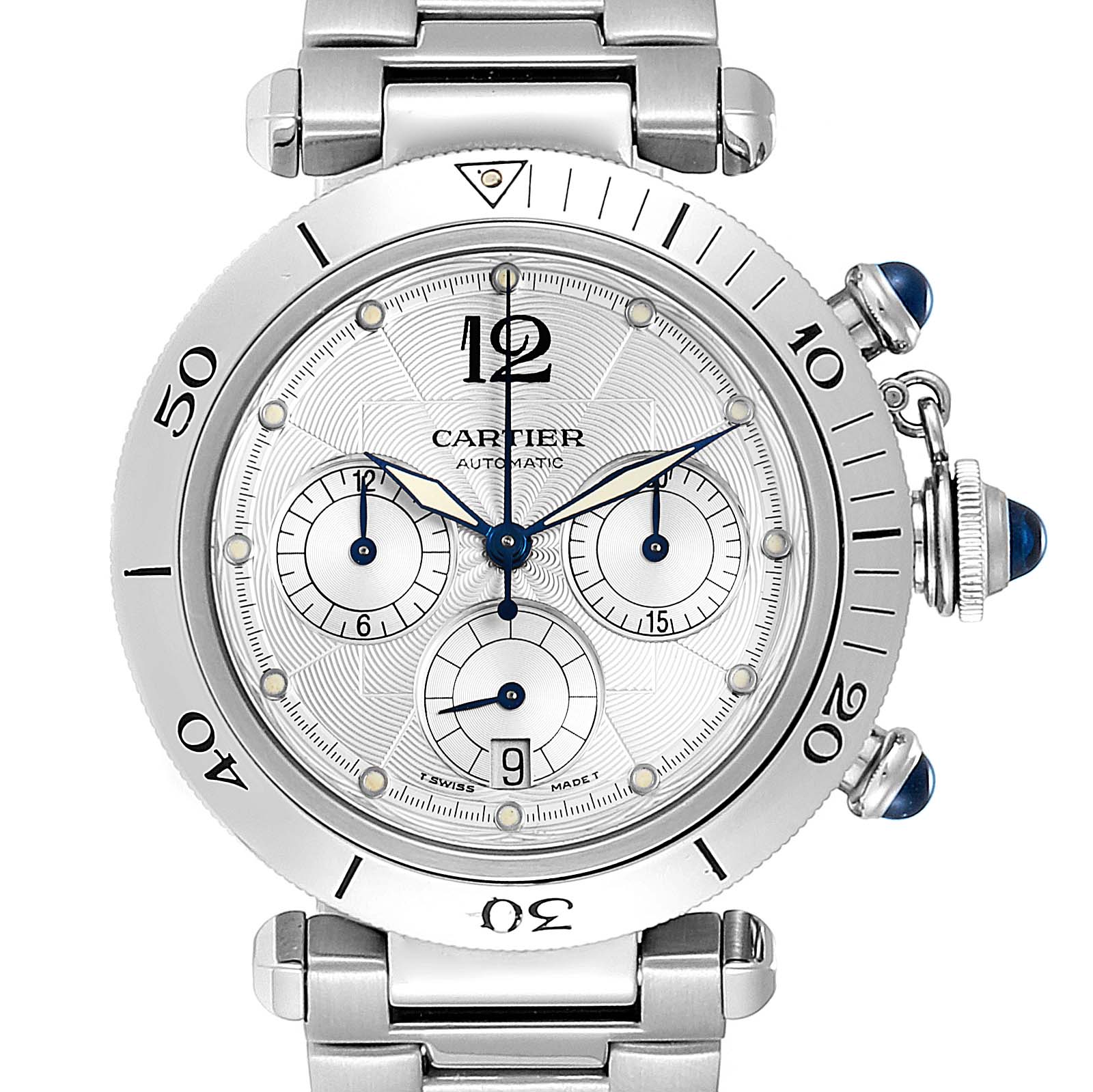 The image shows a front view of the Cartier Pasha W31030H3 Men's Stainless Steel Silver Dial W31030H3 Men's Stainless Steel Silver Dial model watch, highlighting its dial, bezel, and bracelet.