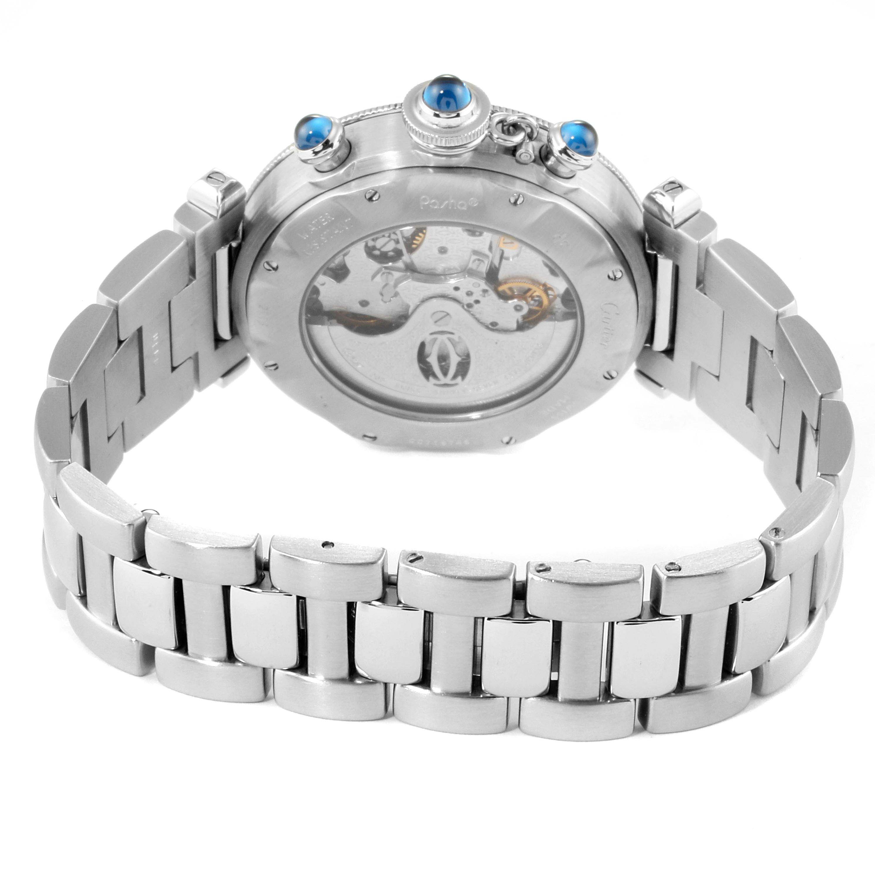 The image shows the back view of the Cartier Pasha W31030H3 Men's Stainless Steel Silver Dial W31030H3 Men's Stainless Steel Silver Dial watch, highlighting its case back, crown, and part of its bracelet.