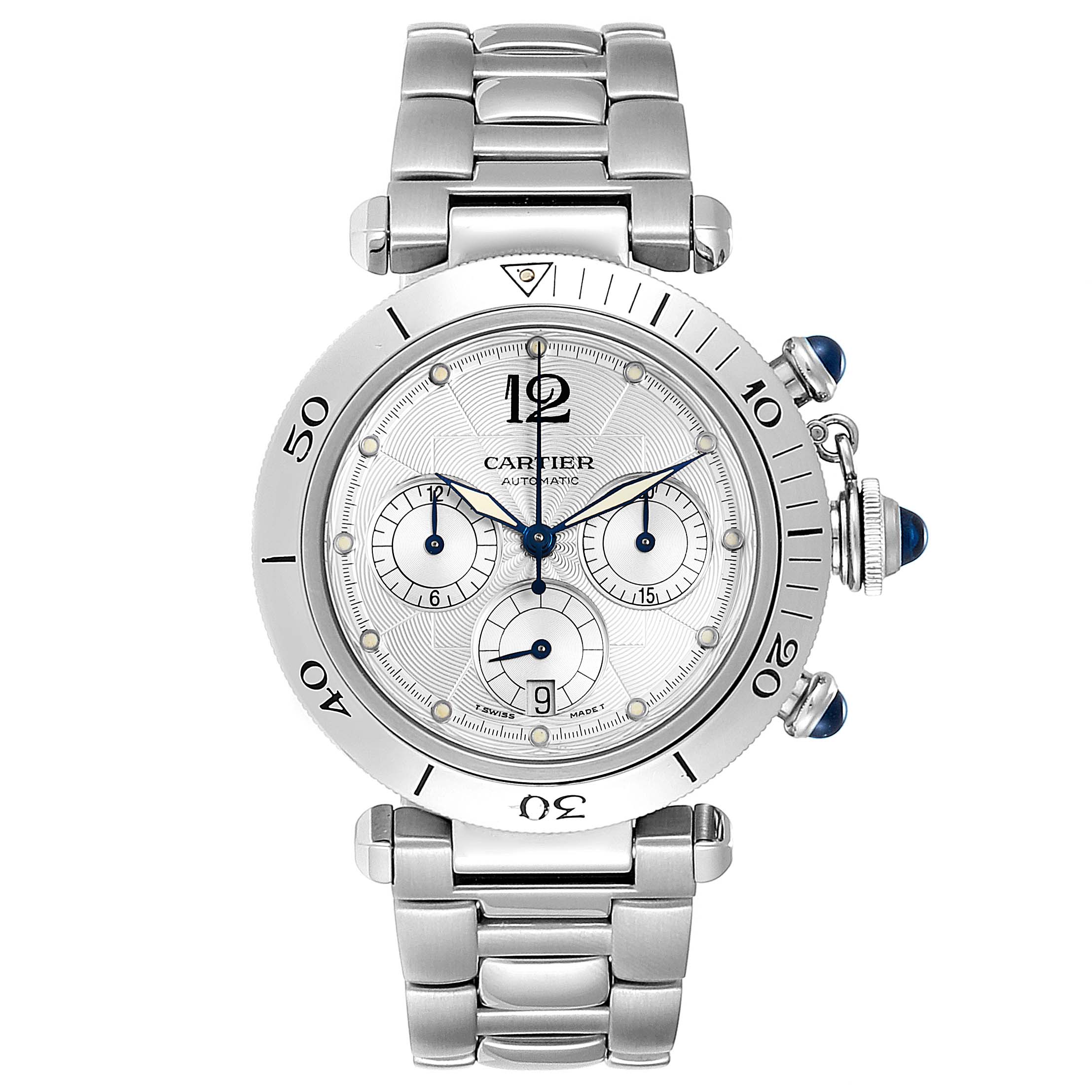 The Cartier Pasha W31030H3 Men's Stainless Steel Silver Dial W31030H3 Men's Stainless Steel Silver Dial model watch is shown from a front angle, highlighting its dial, bezel, subdials, crown, and stainless steel bracelet.