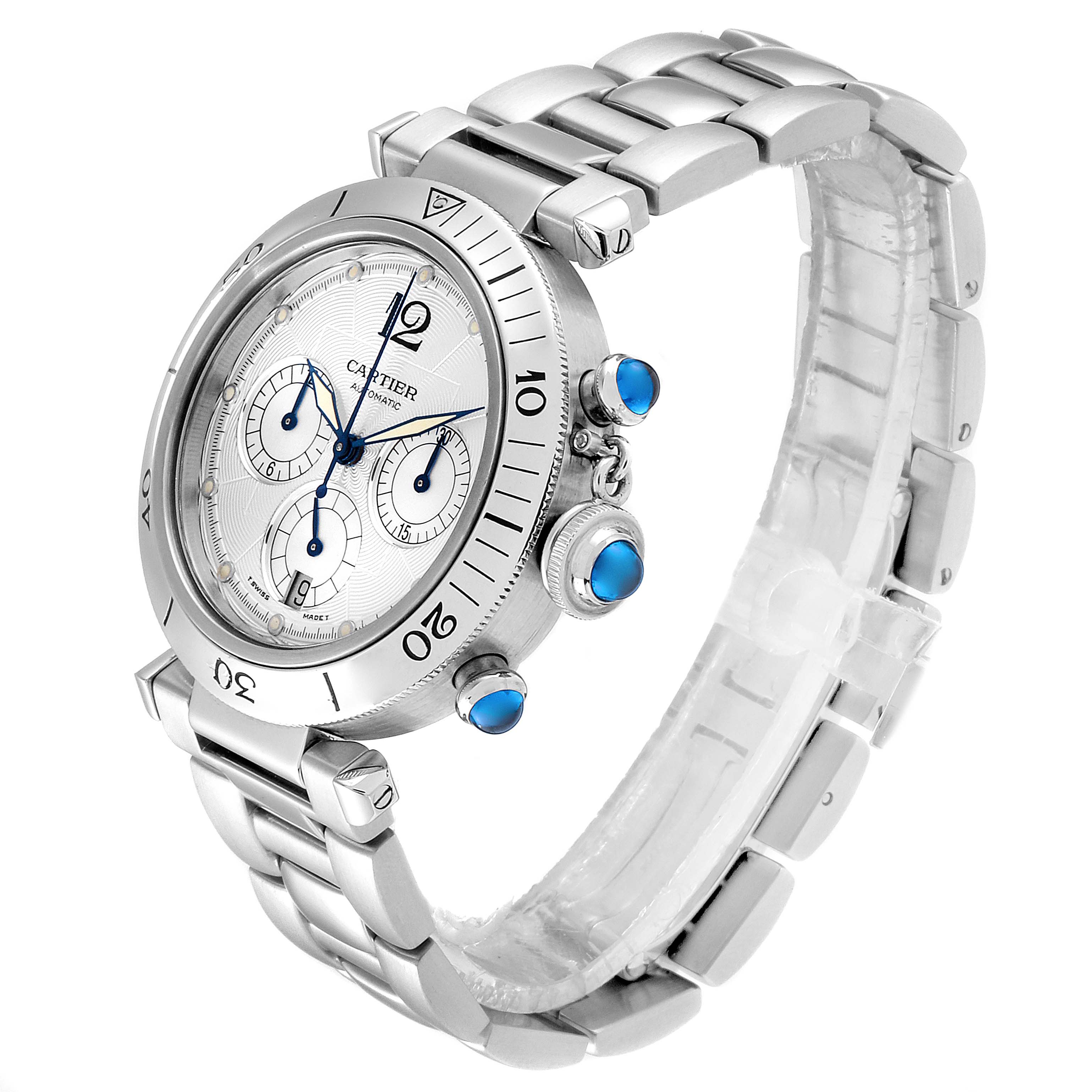  This Cartier Pasha W31030H3 Men's Stainless Steel Silver Dial W31030H3 Men's Stainless Steel Silver Dial watch is shown from a side angle, highlighting its bezel, dial, chronograph buttons, and metal bracelet.