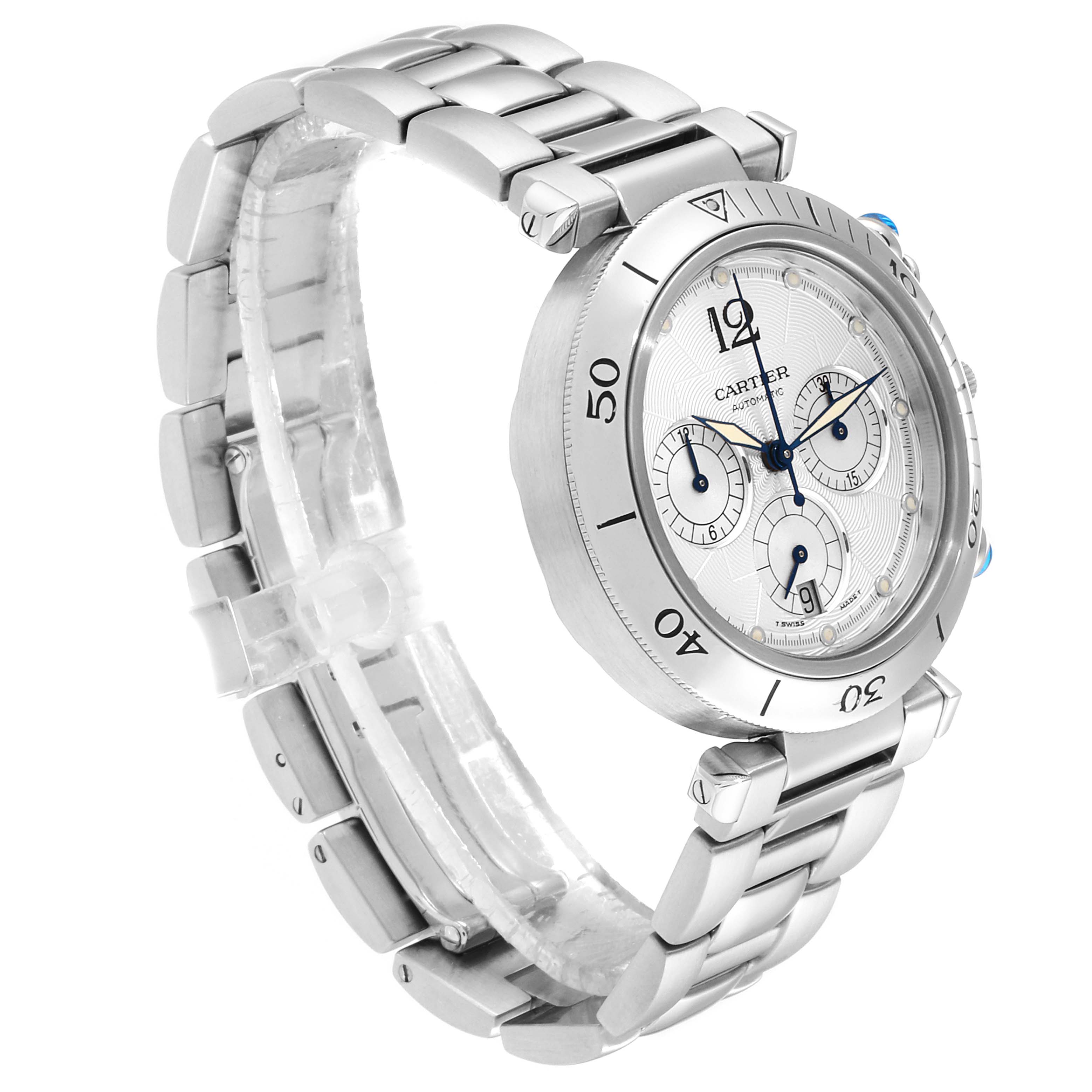 This image shows the Cartier Pasha W31030H3 Men's Stainless Steel Silver Dial W31030H3 Men's Stainless Steel Silver Dial Watch at an angle highlighting its face, bracelet, and bezel.