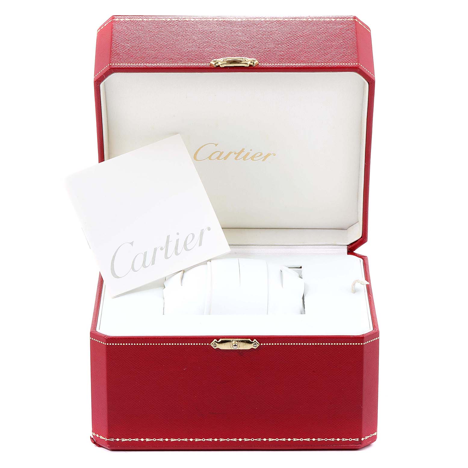 The image shows the open red box of a Cartier Pasha W31030H3 Men's Stainless Steel Silver Dial W31030H3 Men's Stainless Steel Silver Dial watch, displaying its interior and a booklet.
