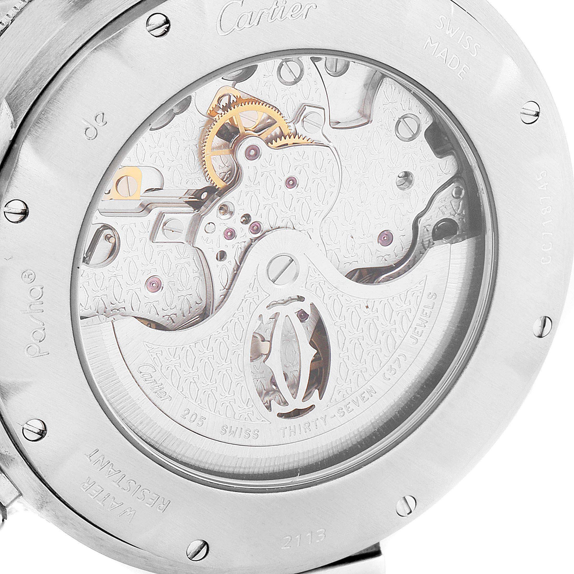 This image shows the transparent case back of the Cartier Pasha W31030H3 Men's Stainless Steel Silver Dial W31030H3 Men's Stainless Steel Silver Dial watch, revealing its intricate mechanical movement.
