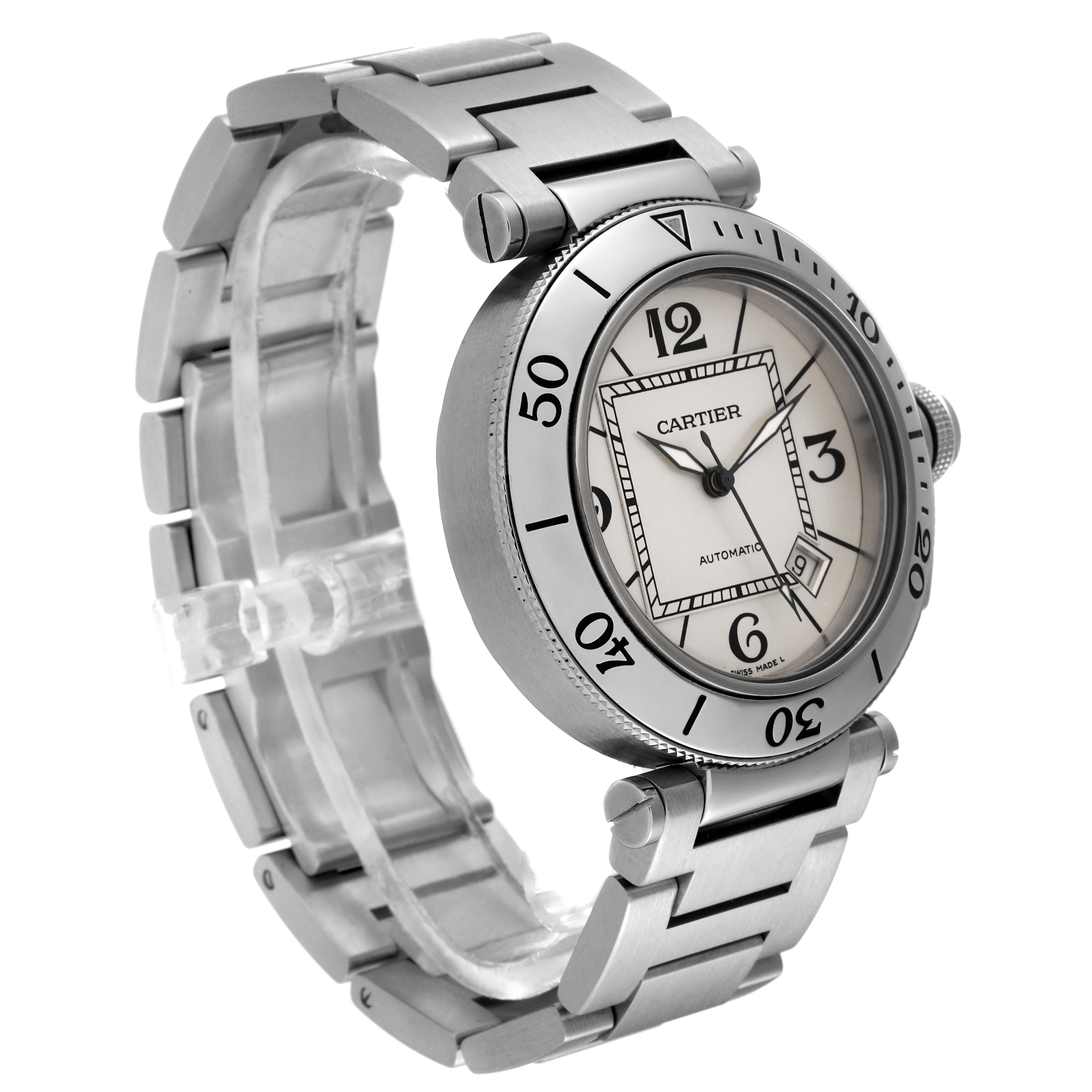 This image shows a Cartier Pasha W31080M7 Men
s Stainless Steel Silver Dial W31080M7 Men
s Stainless Steel Silver Dial watch from a side angle, highlighting the face, bezel, and metal bracelet.