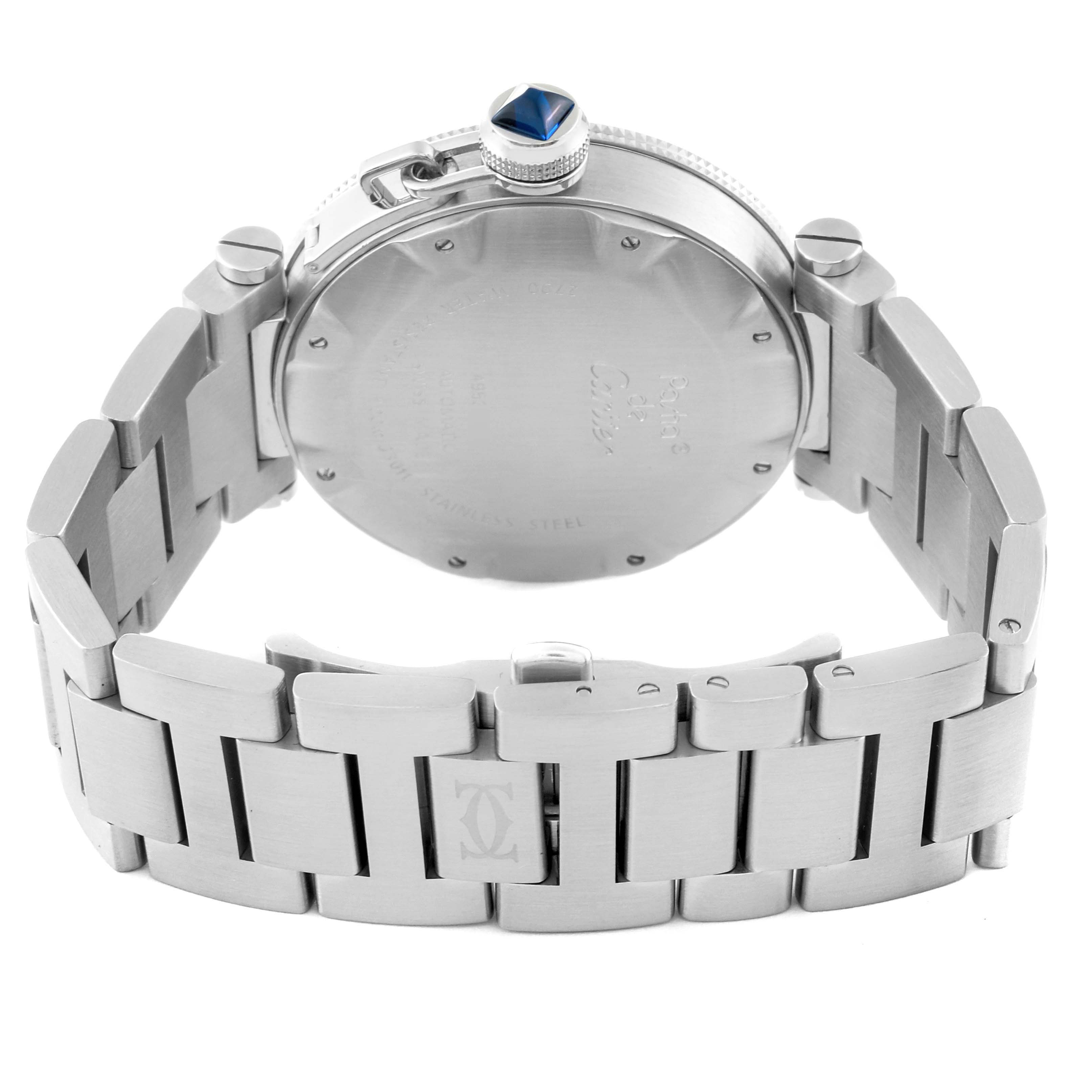 The image shows the back case and bracelet of a Cartier Pasha W31080M7 Men
s Stainless Steel Silver Dial W31080M7 Men
s Stainless Steel Silver Dial watch at an angle from the rear.