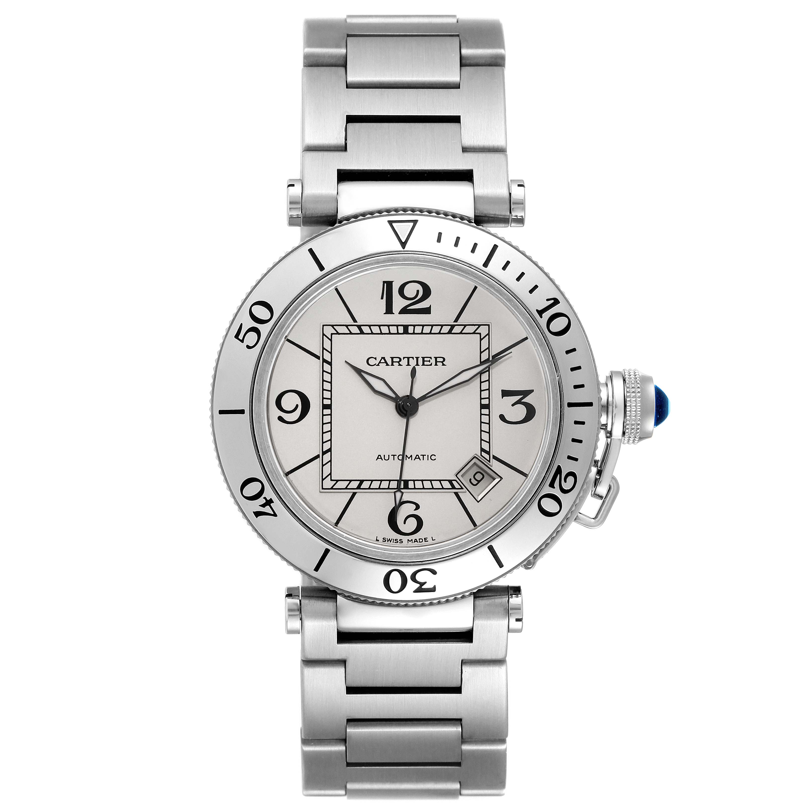 The Cartier Pasha W31080M7 Men
s Stainless Steel Silver Dial W31080M7 Men
s Stainless Steel Silver Dial watch is shown in a front angle, displaying the dial, bezel, crown, and metal bracelet.