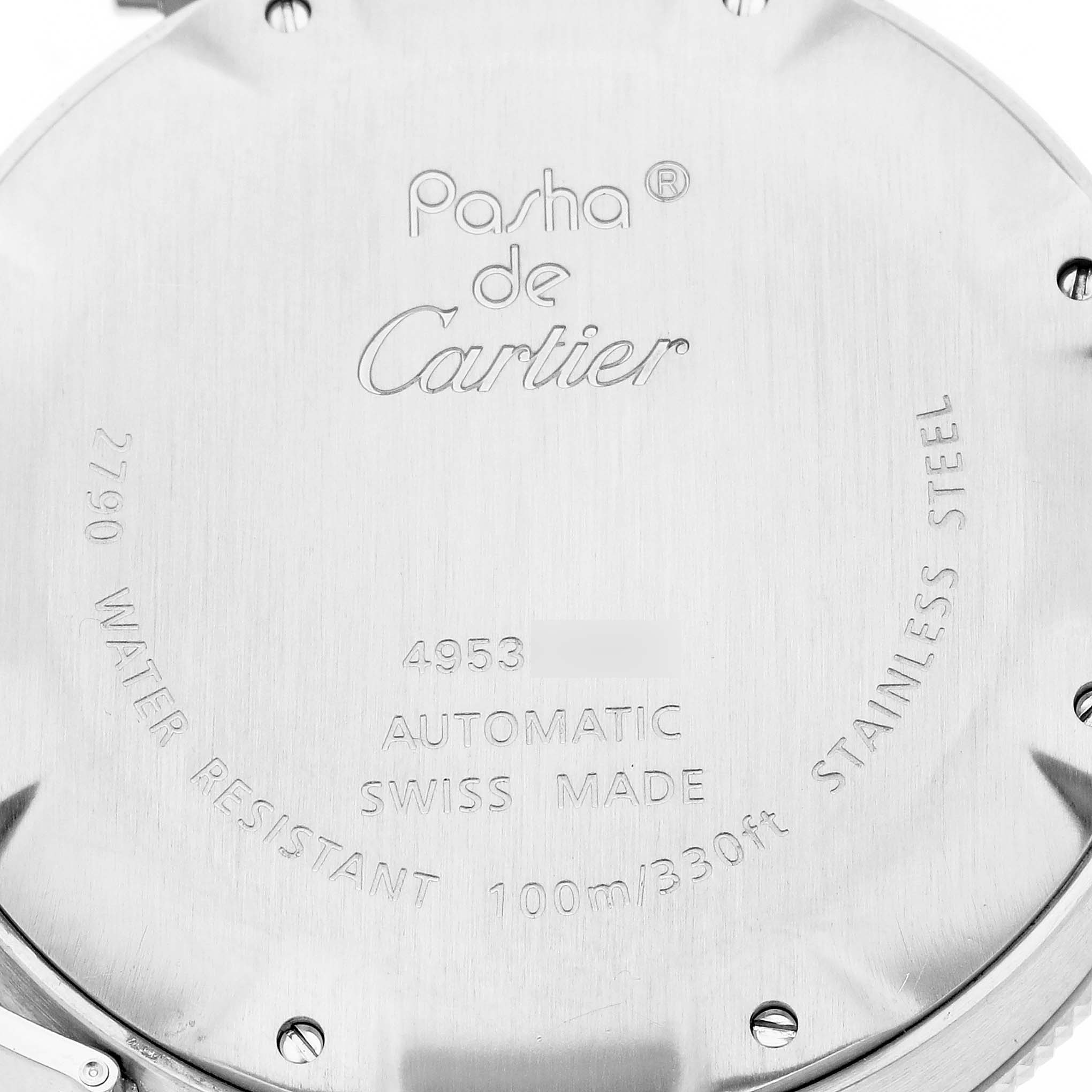 The image shows the back case of the Pasha de Cartier watch, displaying its engraved details and specifications.