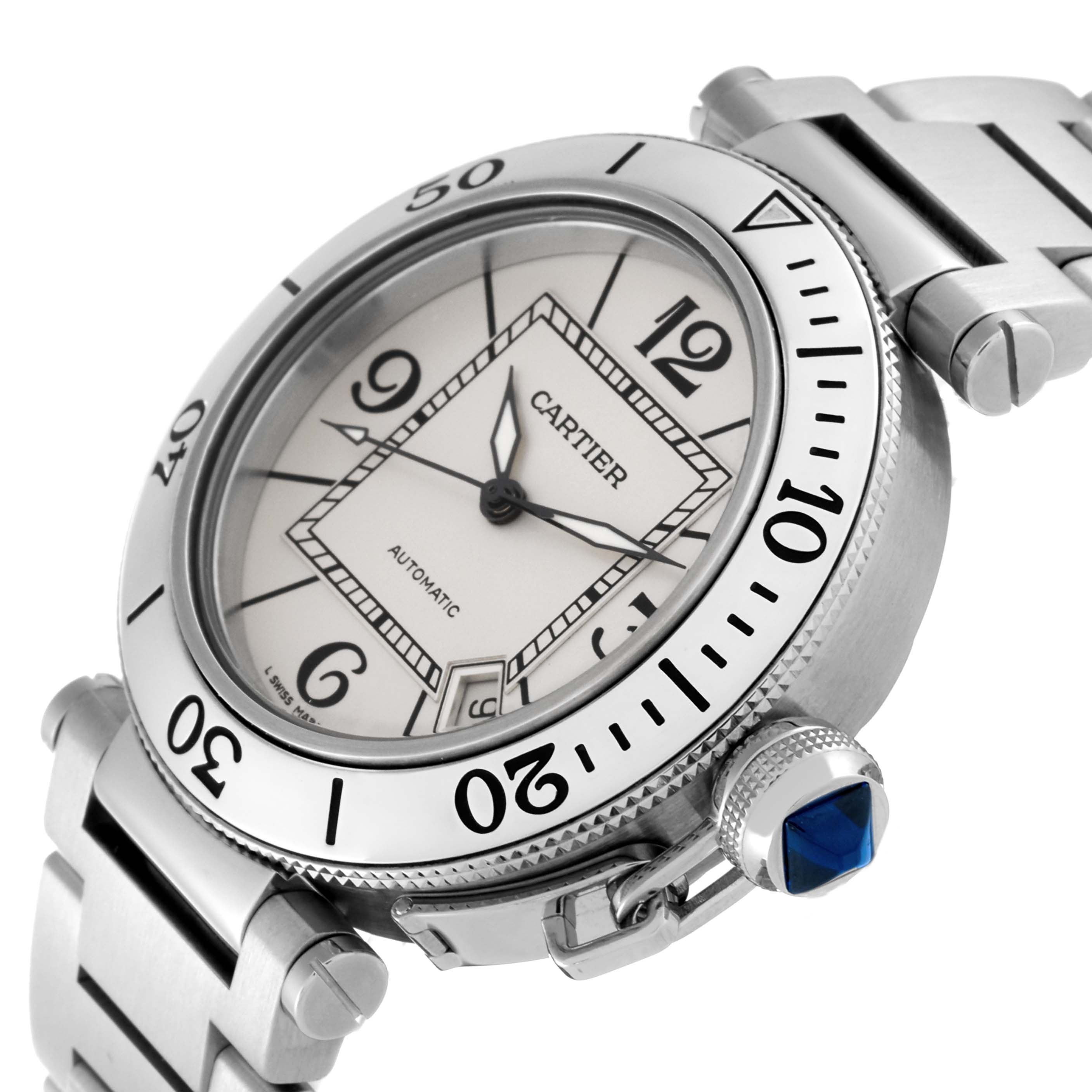 The image shows a Cartier Pasha W31080M7 Men
s Stainless Steel Silver Dial W31080M7 Men
s Stainless Steel Silver Dial watch at an angle, highlighting its bezel, dial, crown, and bracelet.