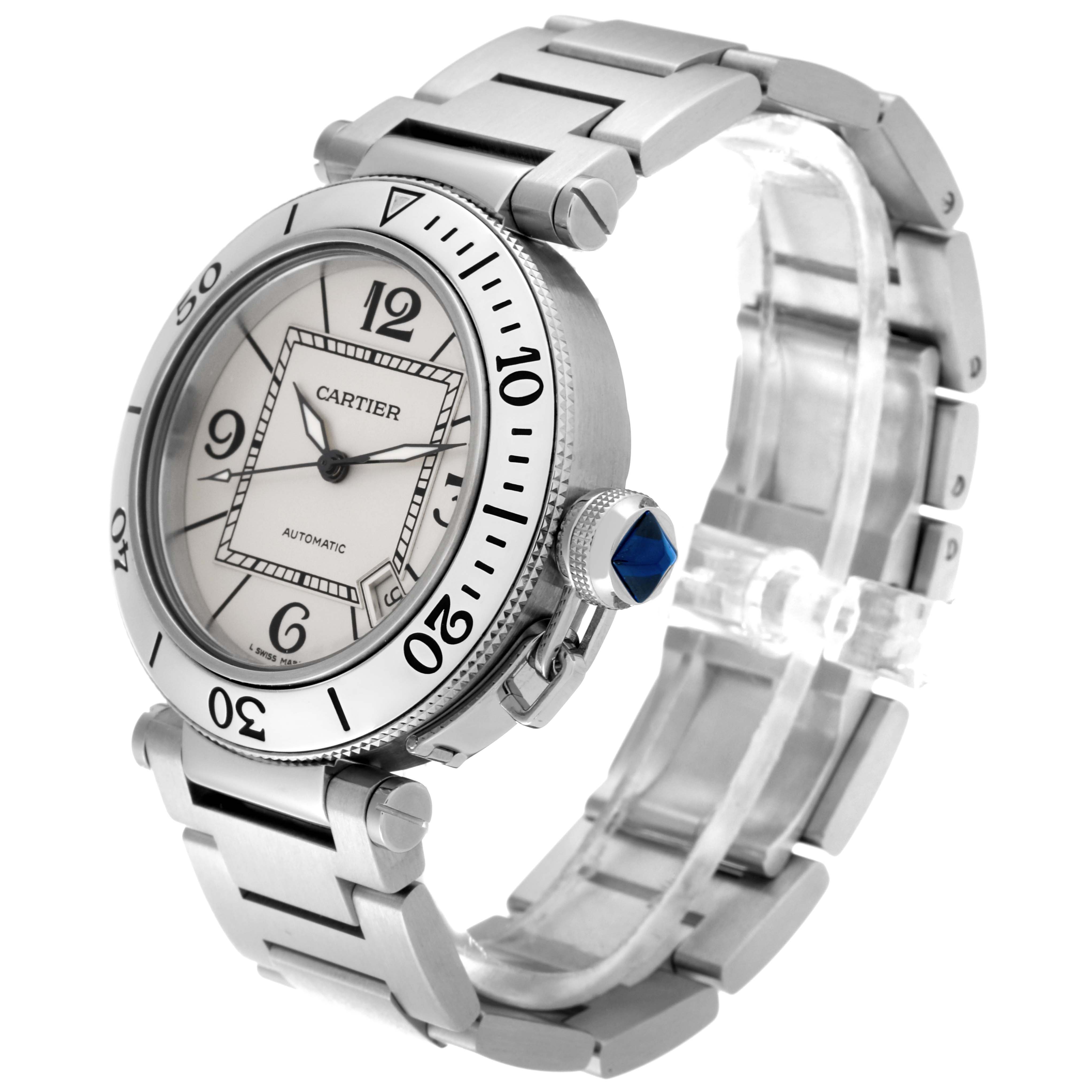 The Cartier Pasha W31080M7 Men
s Stainless Steel Silver Dial W31080M7 Men
s Stainless Steel Silver Dial watch is shown at a three-quarter angle, highlighting its face, bezel, crown, and bracelet.