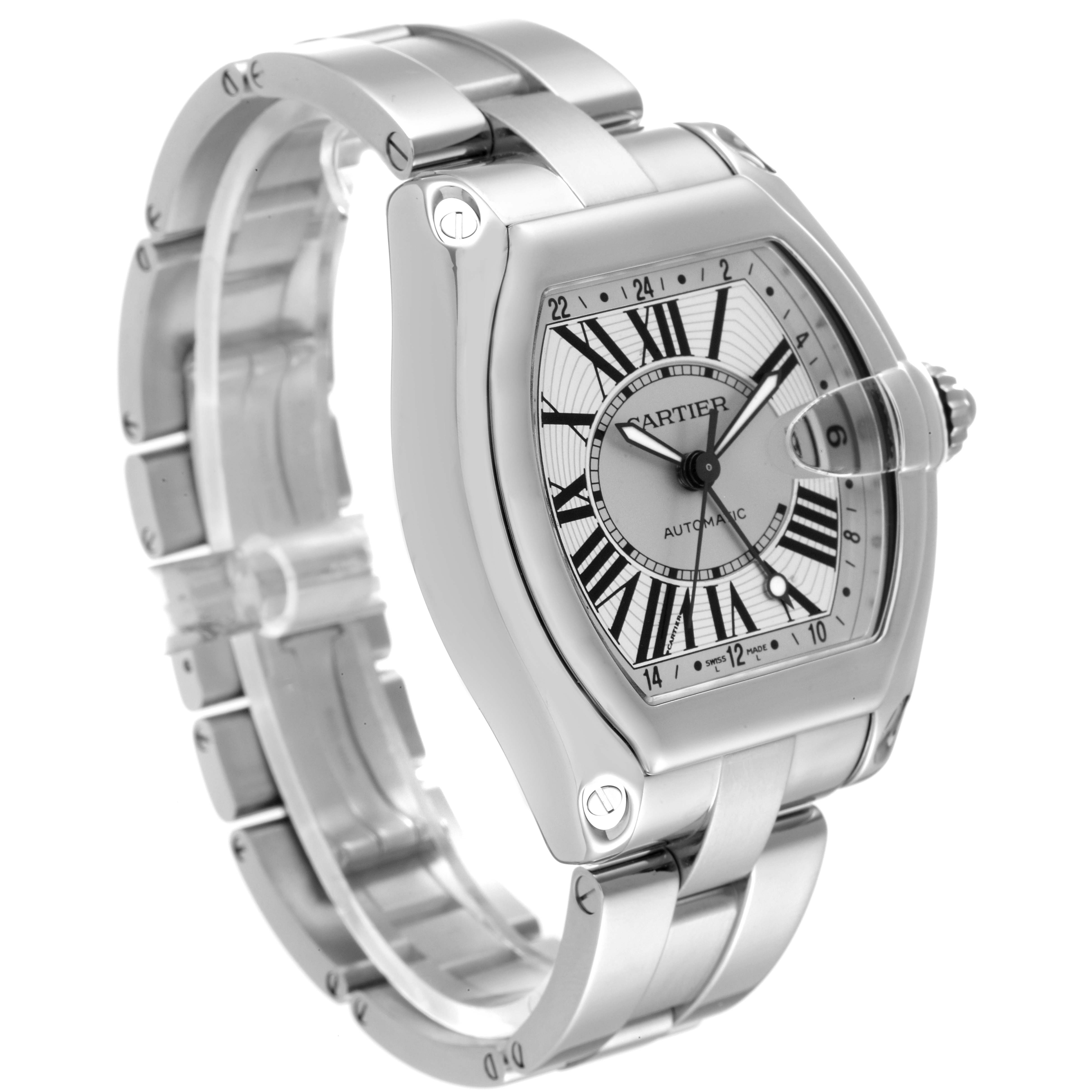 The Cartier Roadster W62032X6 Men's Stainless Steel Silver Dial W62032X6 Men's Stainless Steel Silver Dial watch is shown at a three-quarter angle, highlighting the face, bezel, and bracelet.